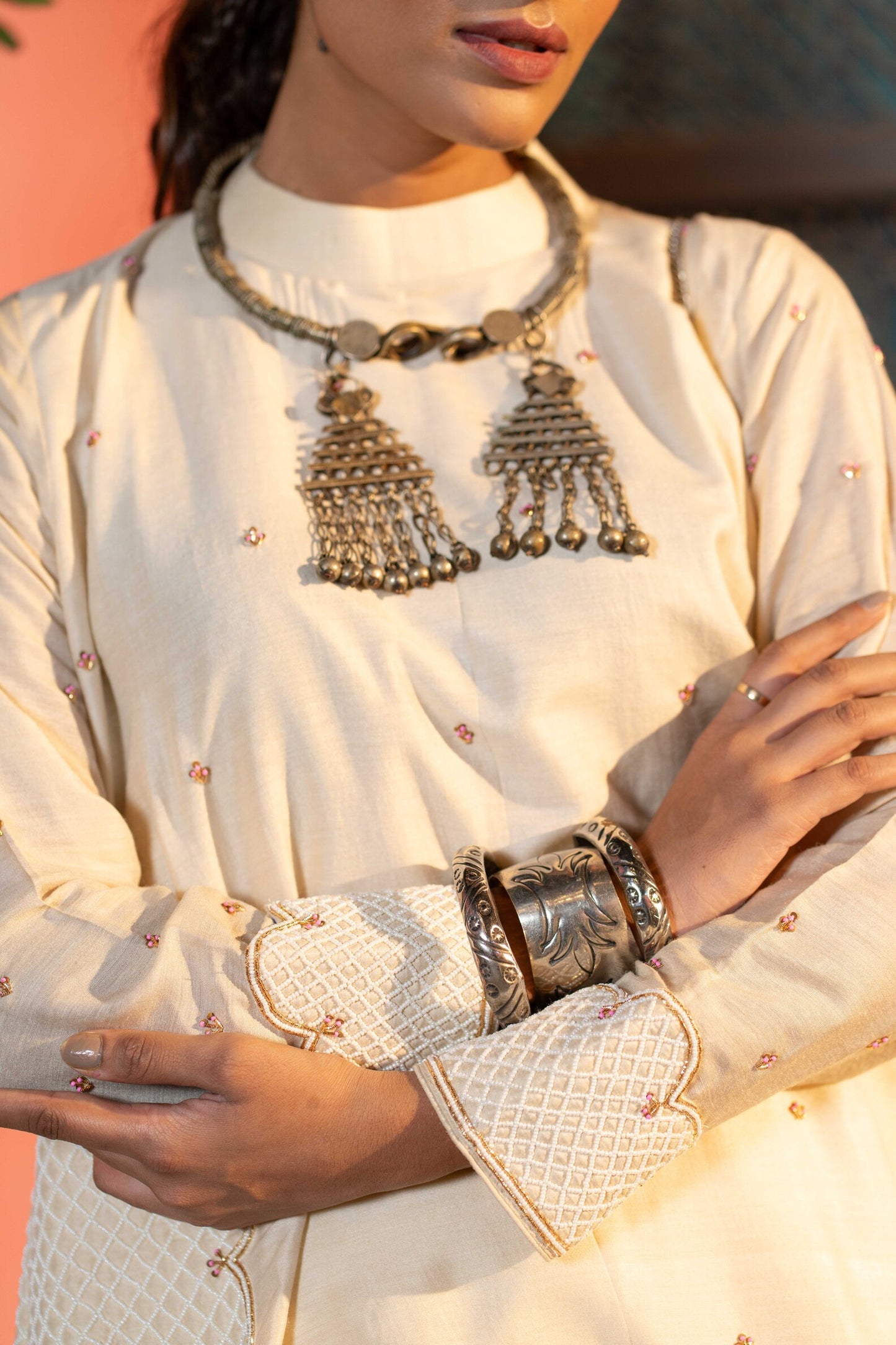 White stand patti, A-line round kurti with same pants(pink & white beads butti)