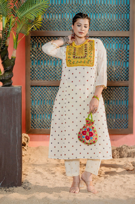 Monga kurti with yellow beads work patch(Afghani) all over butti kurti with badla work pant