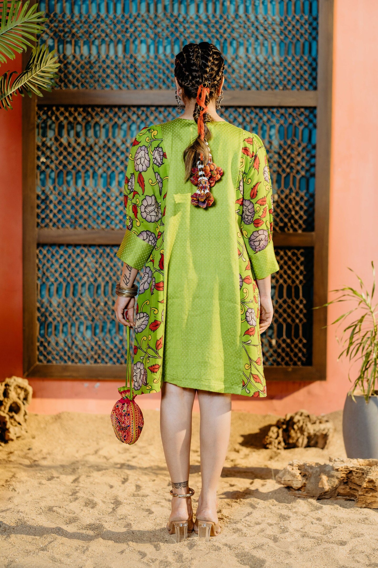 Parrot green kodi tassels with kalamkari fabric, mirror front neck