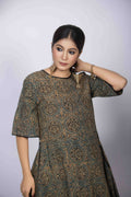 Dusty Green Ajrakh Block Print Dress with Pom-Pom Detailing