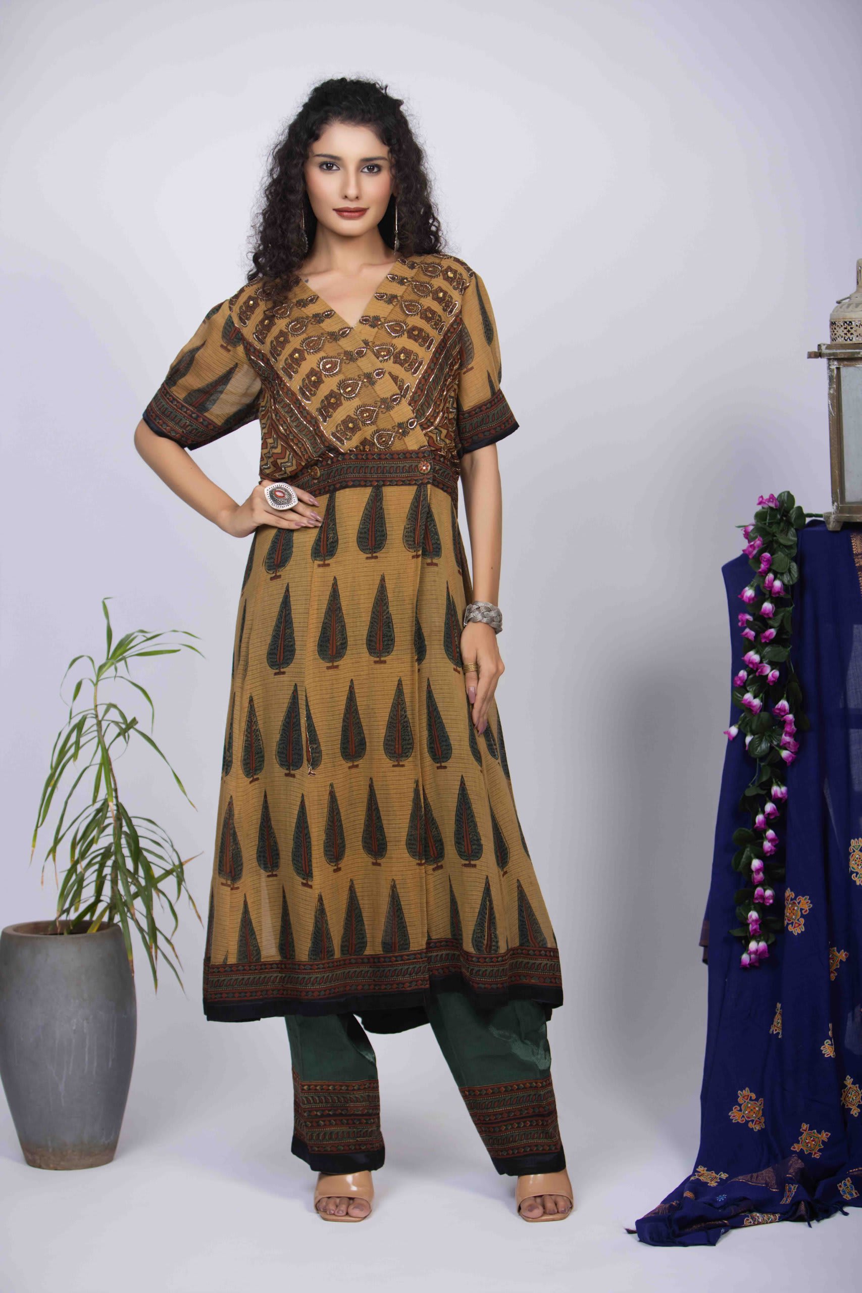 Mustard Yellow Angrakha Kurta Set with Ajrakh Print & Intricate Pita Work