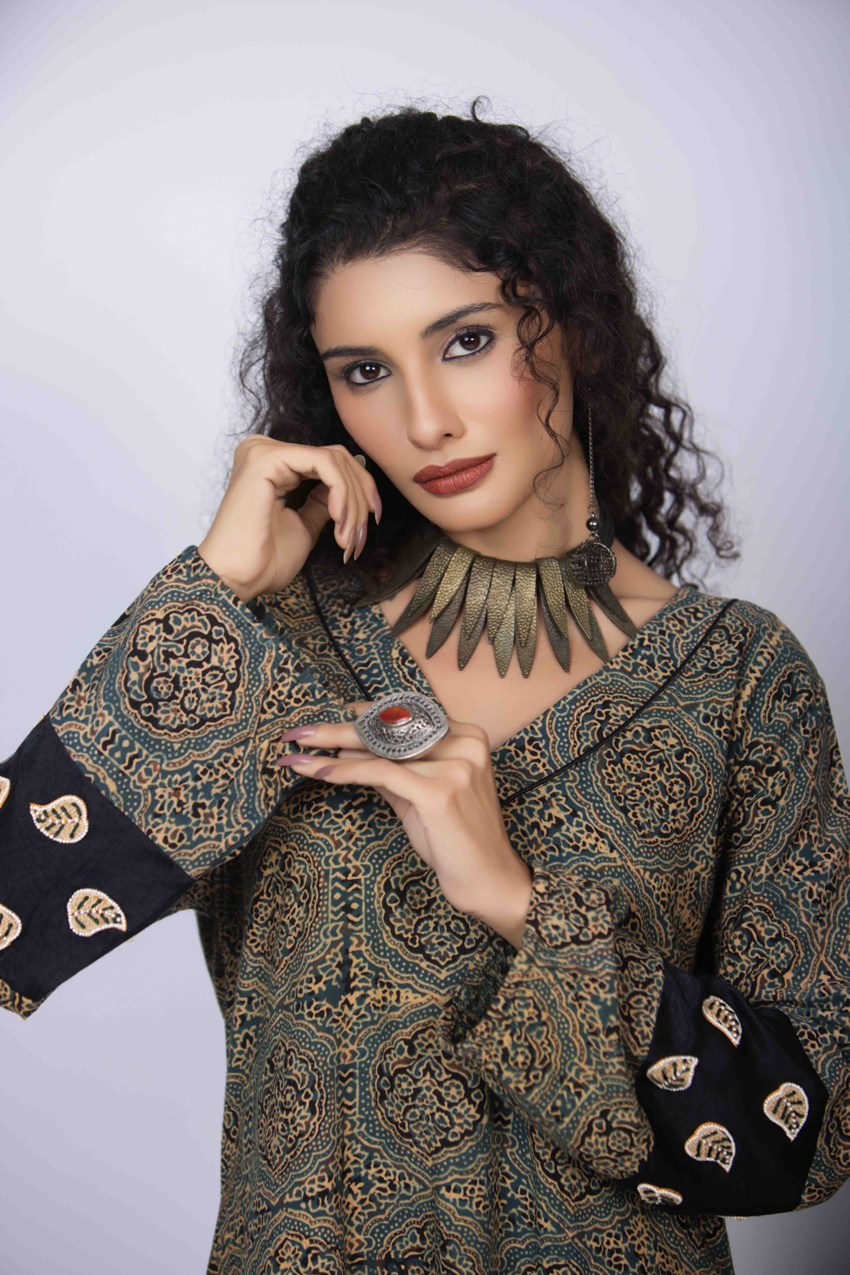 Dusty Green High-Low Dress with Ajrakh Block Print & Embroidered Sleeves