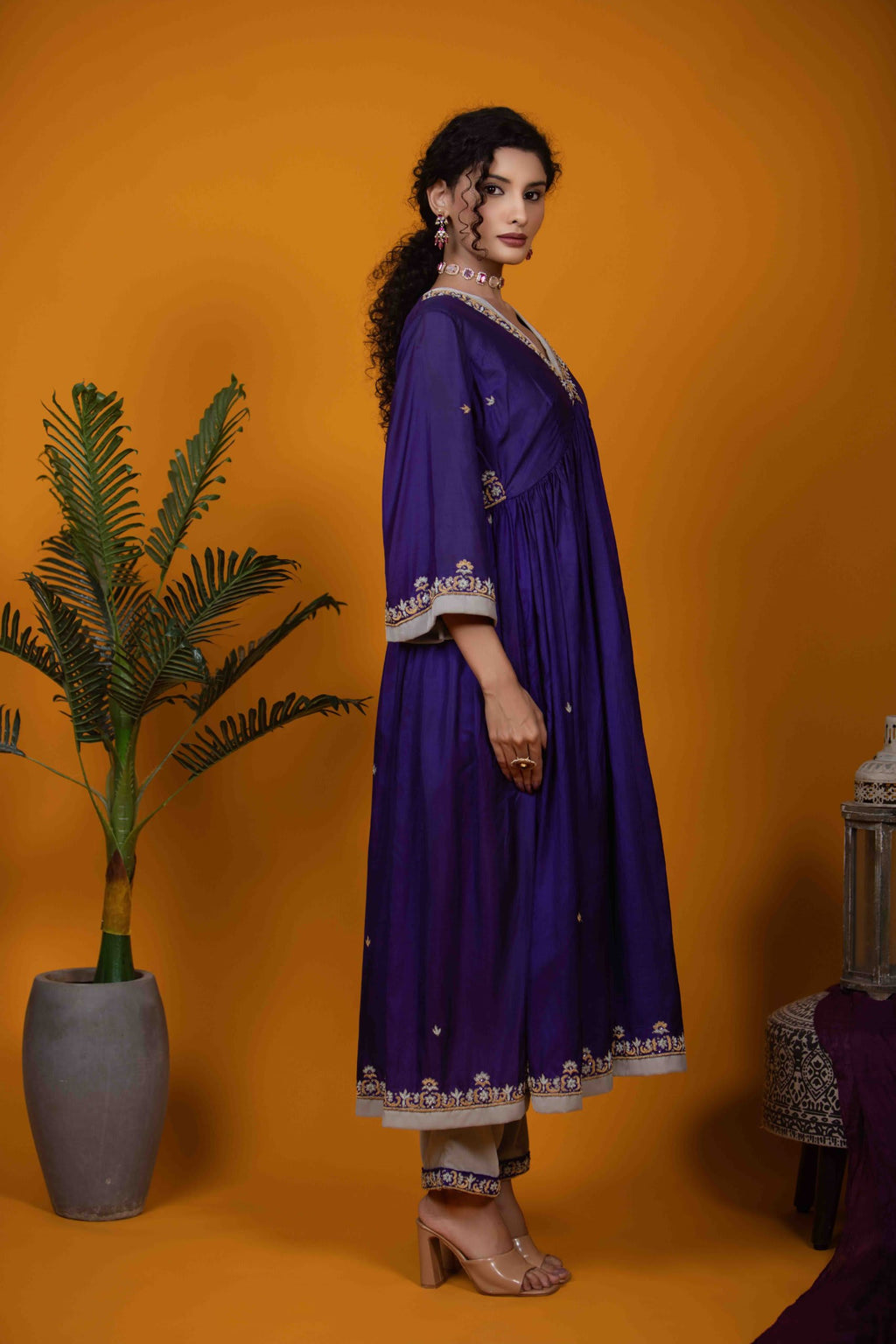 Violet Silk Kurti Set with Zardozi Embroidery & Bell Sleeves