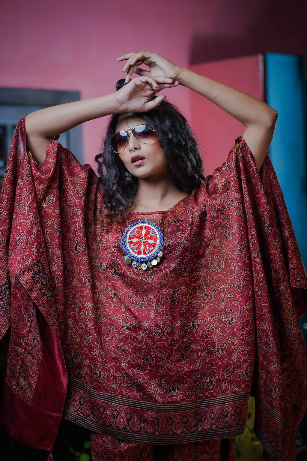 Maroon Ajrak Kurti Set with Flowing Sleeves & Beaded Medallion