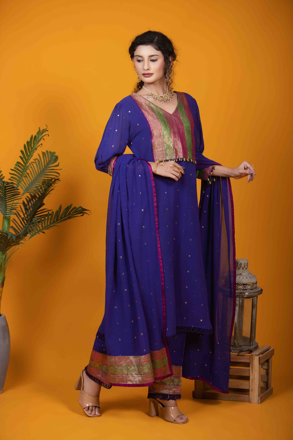 Deep Purple Kurta Set with Mukaish Work & Banarasi Yoke