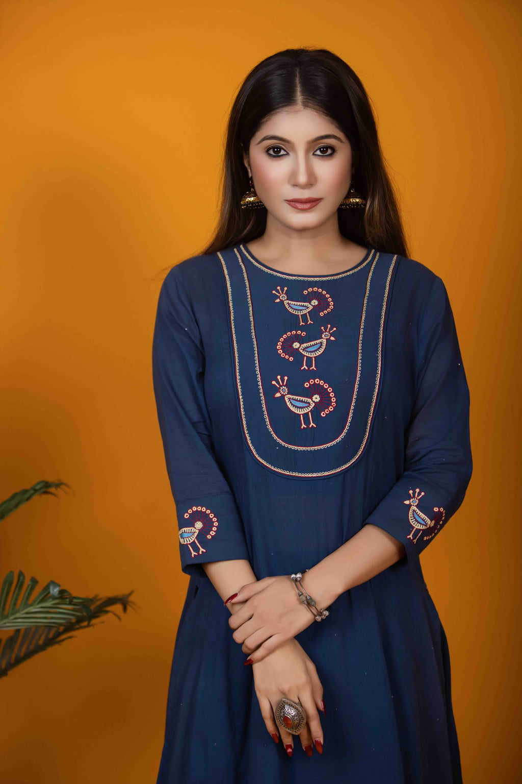 Navy Blue Kurta Set with Hand Embroidery & Bird Motifs