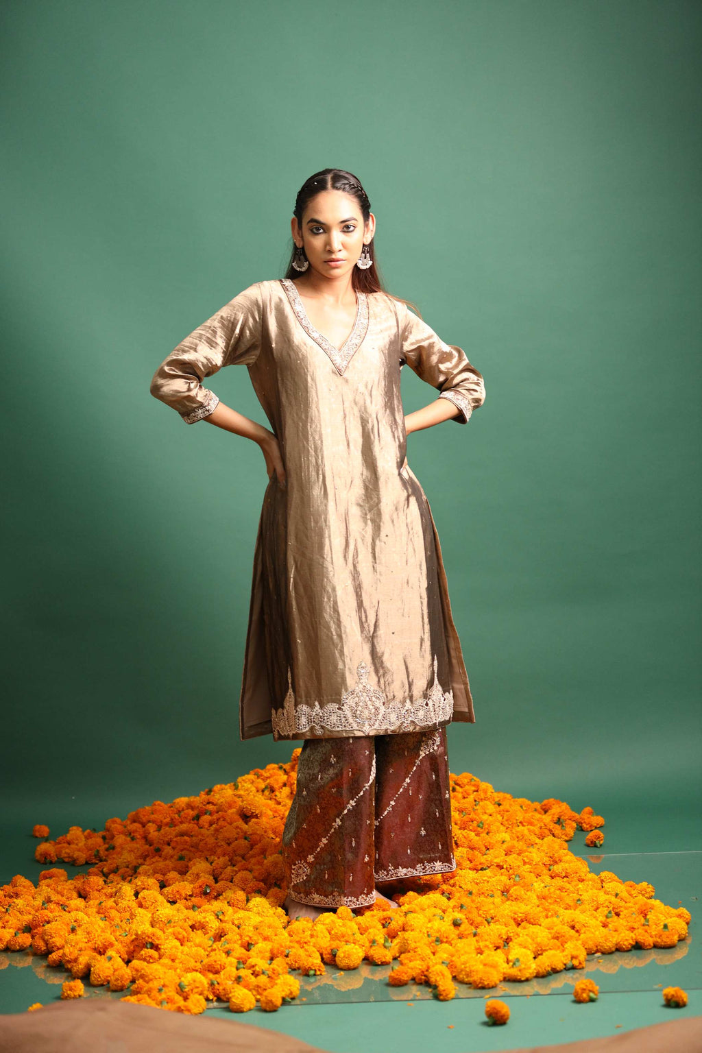 Bronze Jardosh Kurti Set with Zardozi Embroidery & Floral Pants