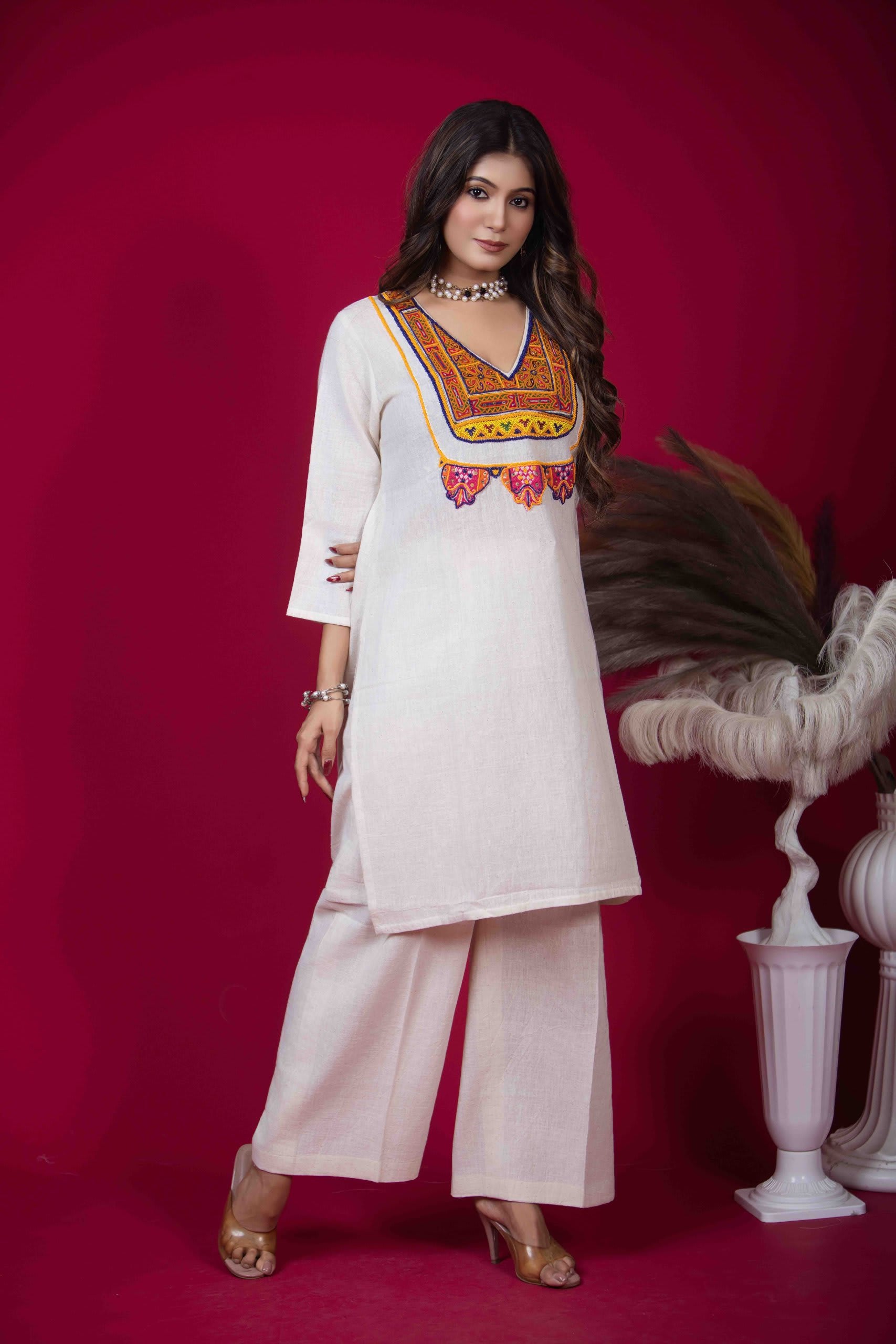 White Kurta Set with Vivid Kutchi Patchwork & Beadwork