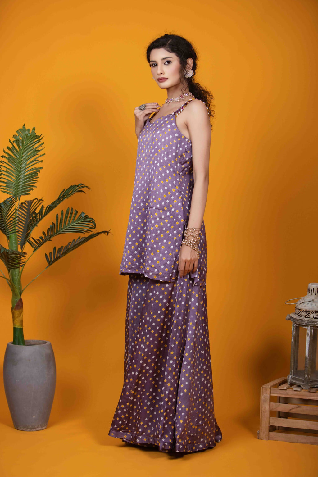 Purple Kurti Set with Bandhej Print and Beaded Tassels
