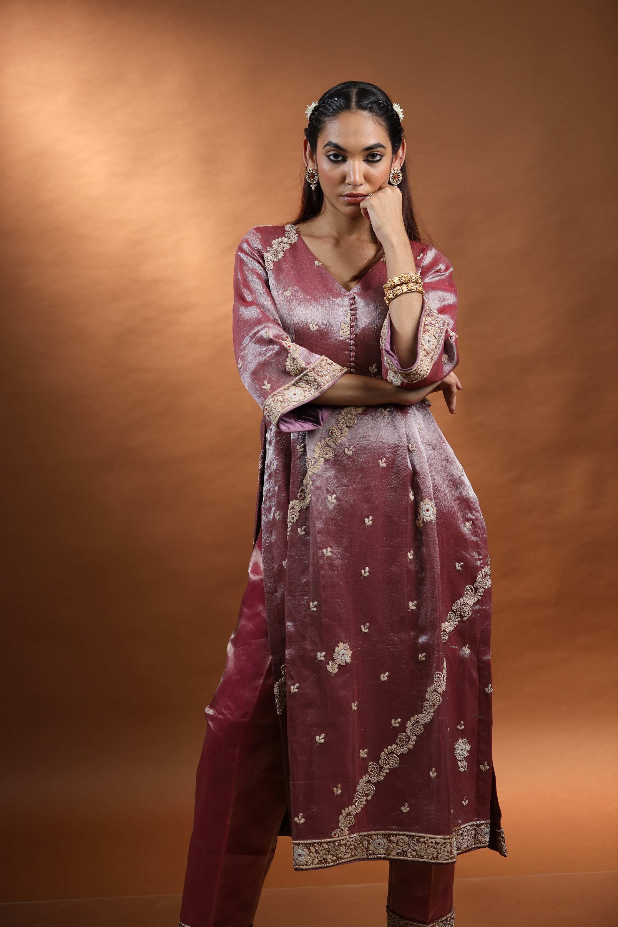 Jardoshi Kurti Set in Rich Velvet with Intricate Embroidery