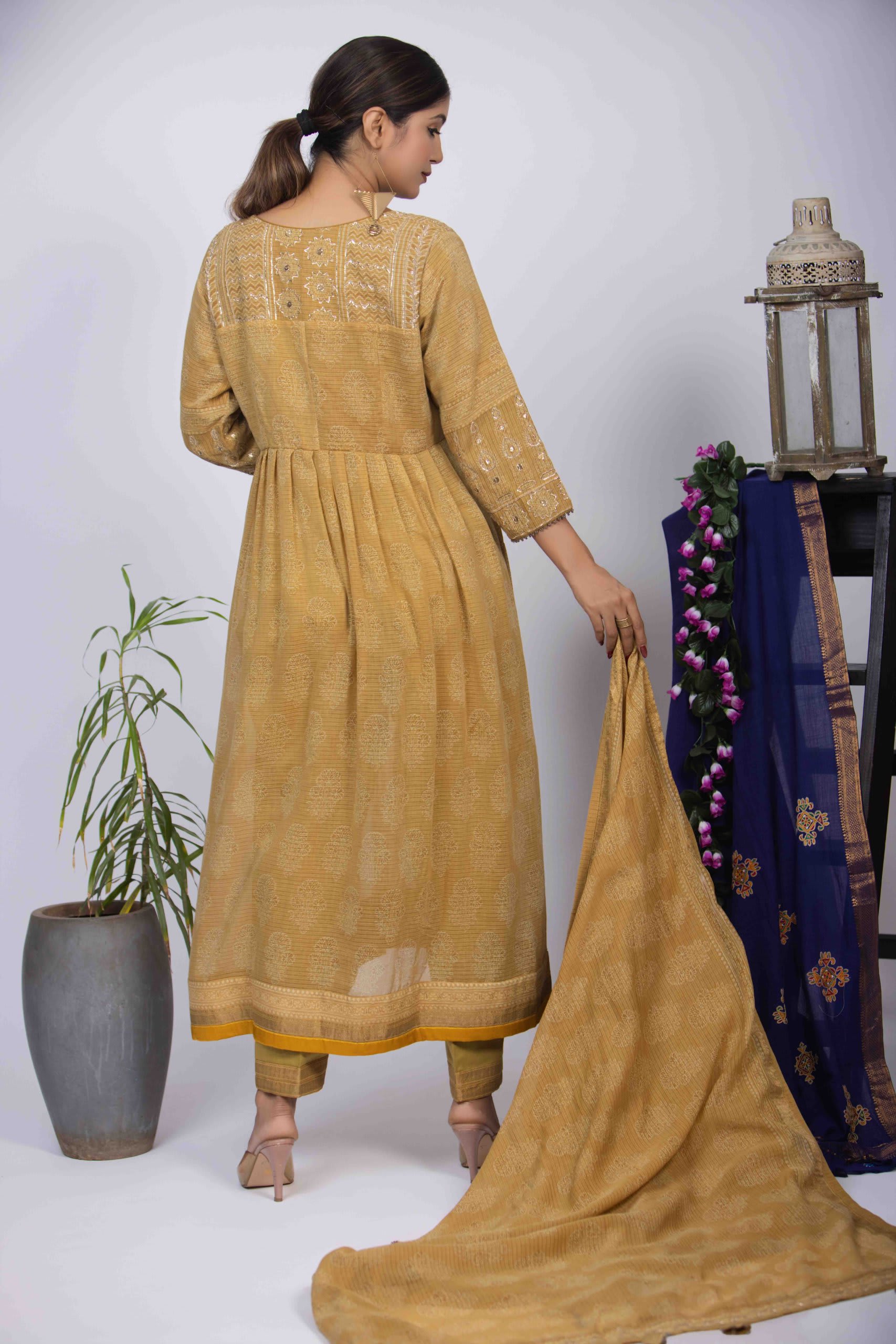 Yellow Ajrakh Block Print Kurta Set with Pita Work & Dupatta