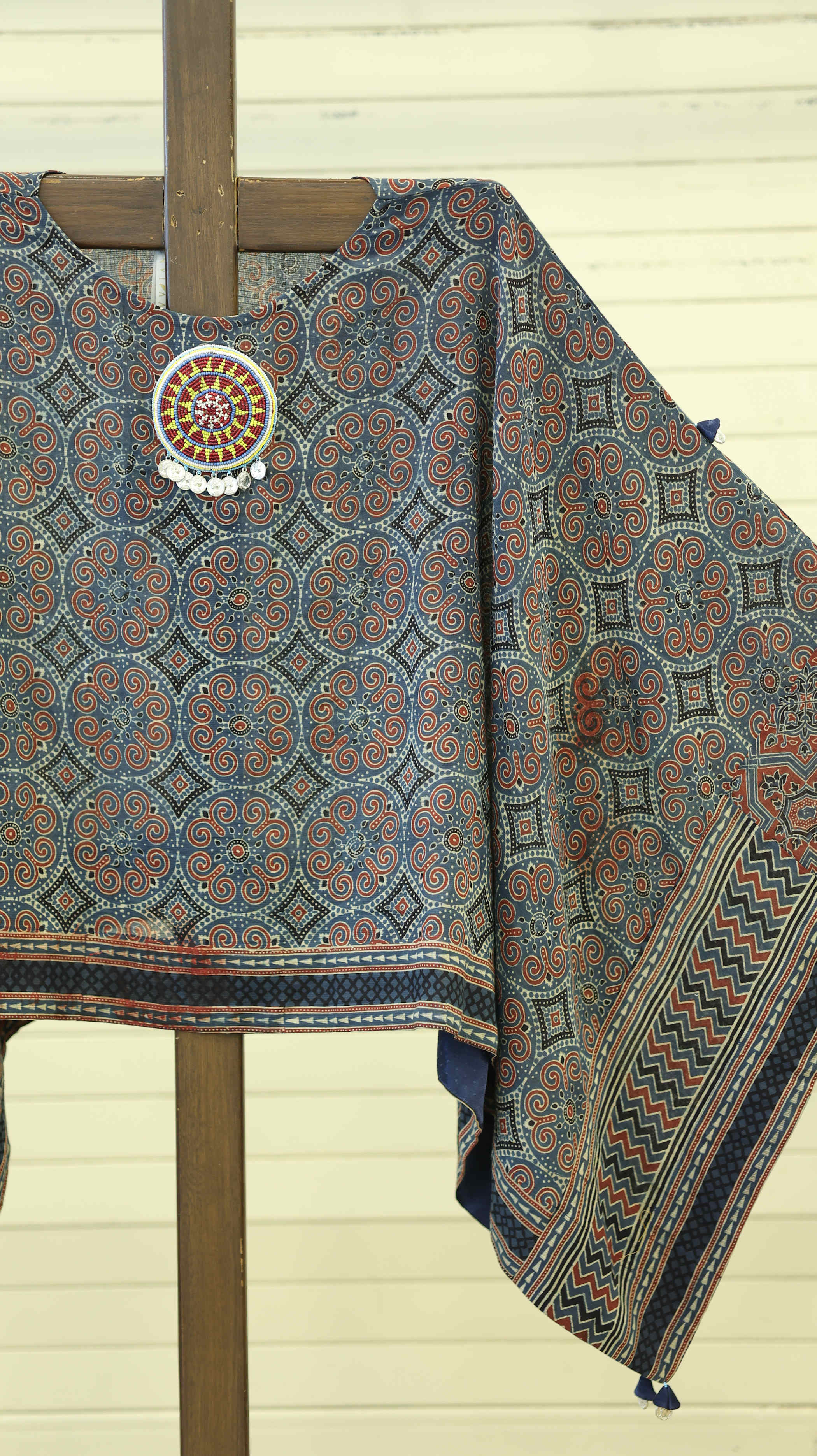 Blue and Orange Kurti Set with Geometric Patterns and Beaded Neckline