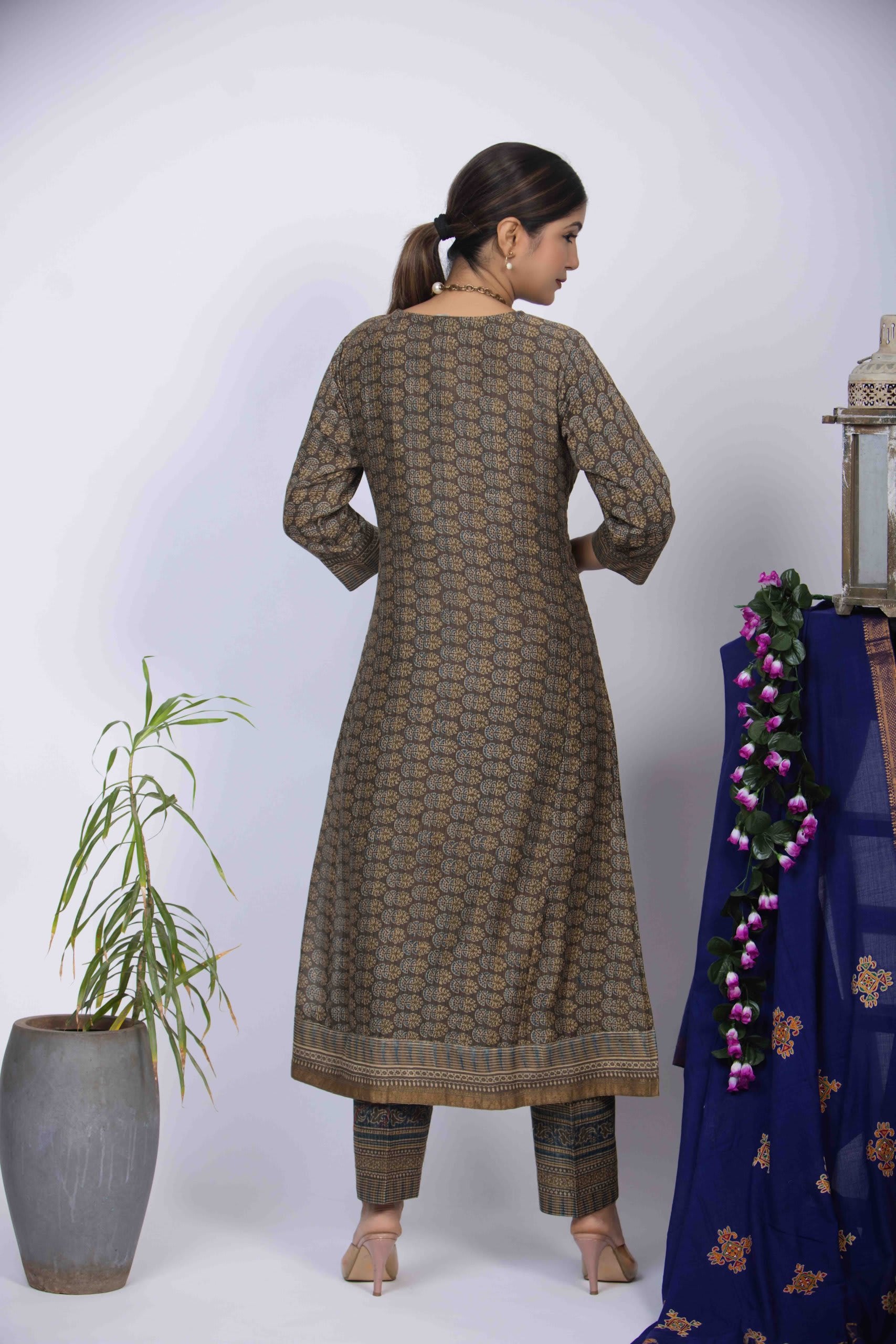 Dusty Green Kurta Set with Ajrakh Block Print & Embroidered Yoke