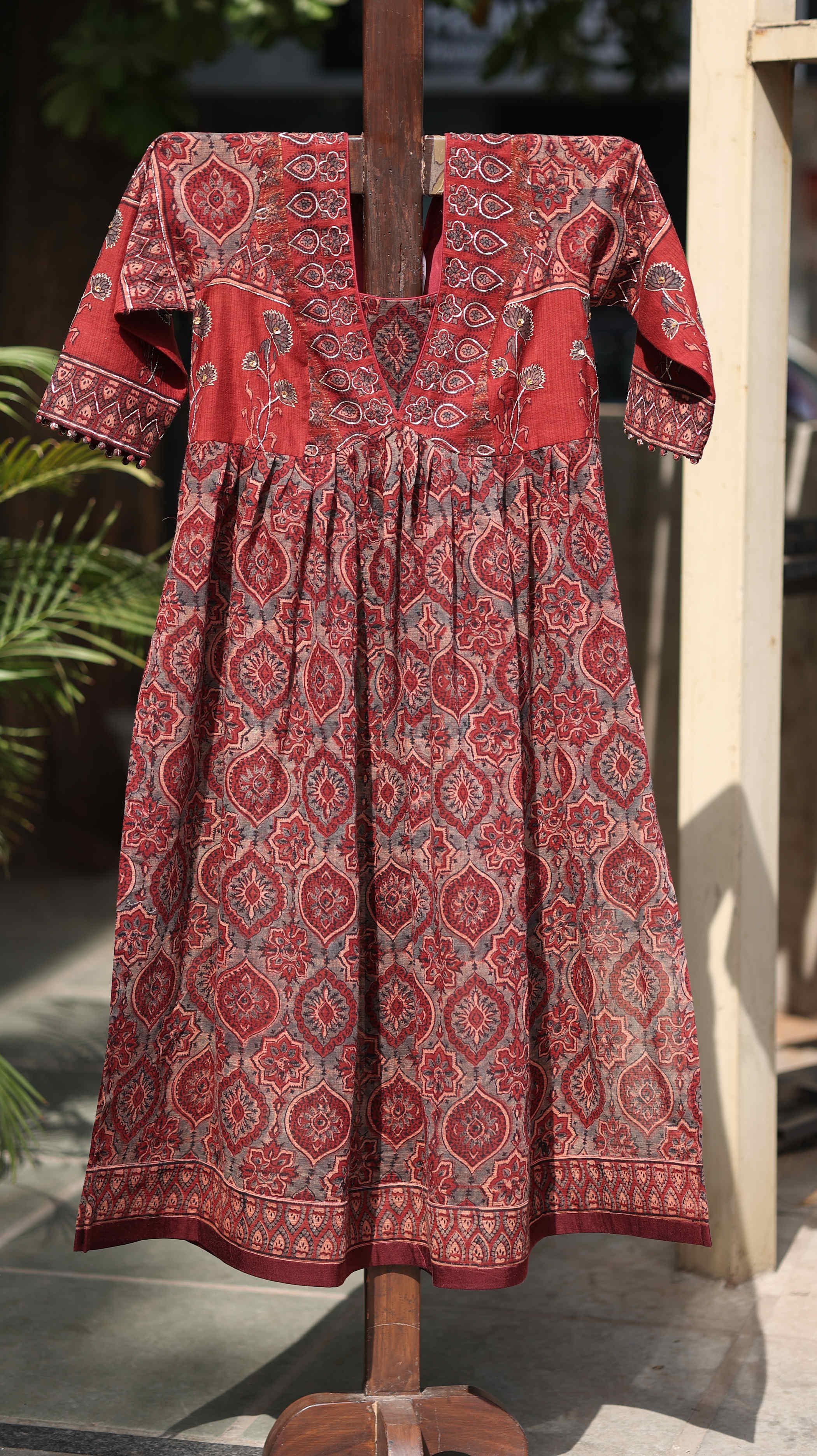 Rust Parampara Kurti Set with Mirror Work & Flowing Skirt