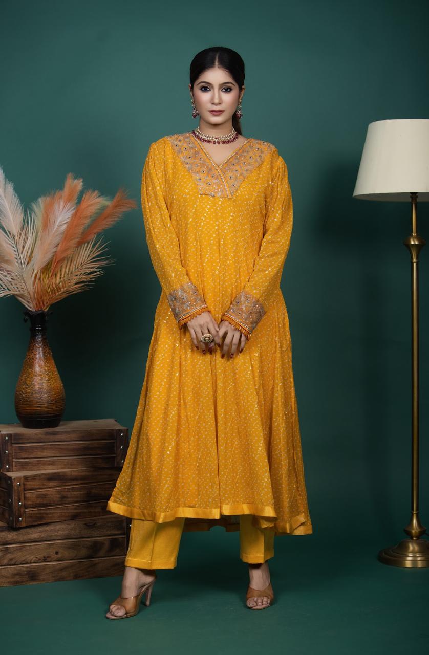 Yellow Bandhej Kurta Set with Aari Khat Embroidery and Silk Pants