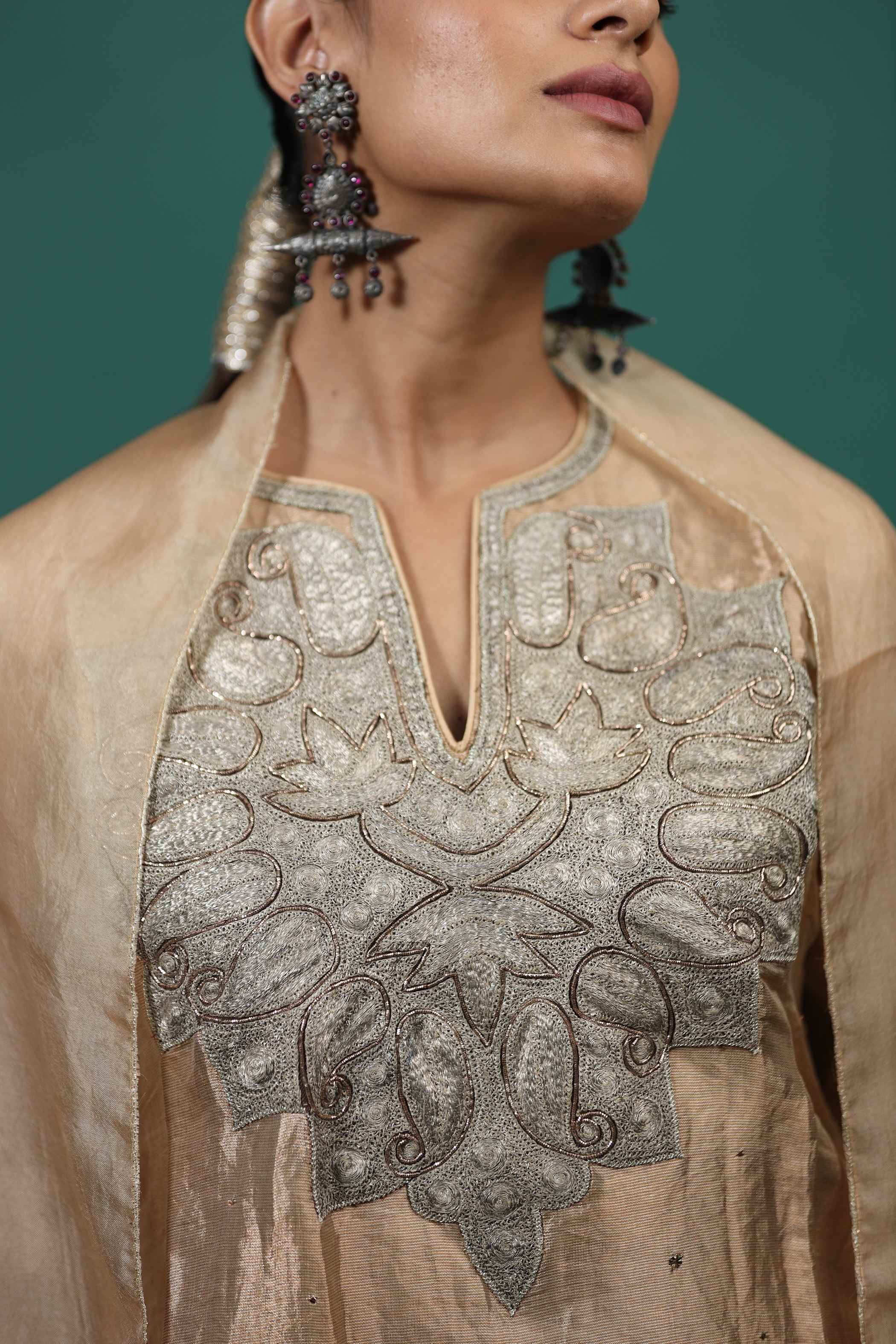 Gold Zardosi Kurti Set with Embroidered Neckline & Scalloped Dupatta