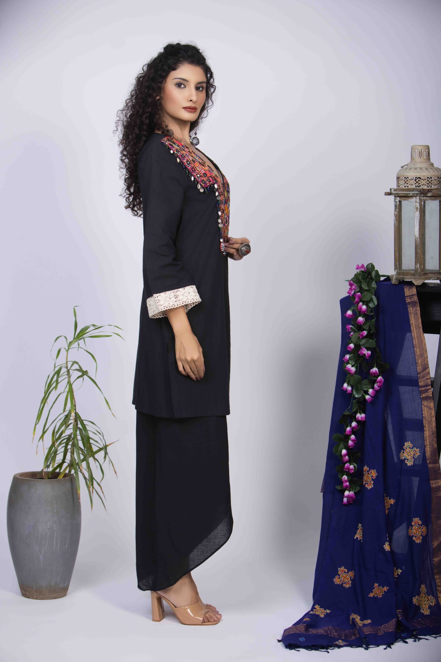 Black Short Kurta with Vibrant Kutchi Handwork and Drape Dhoti
