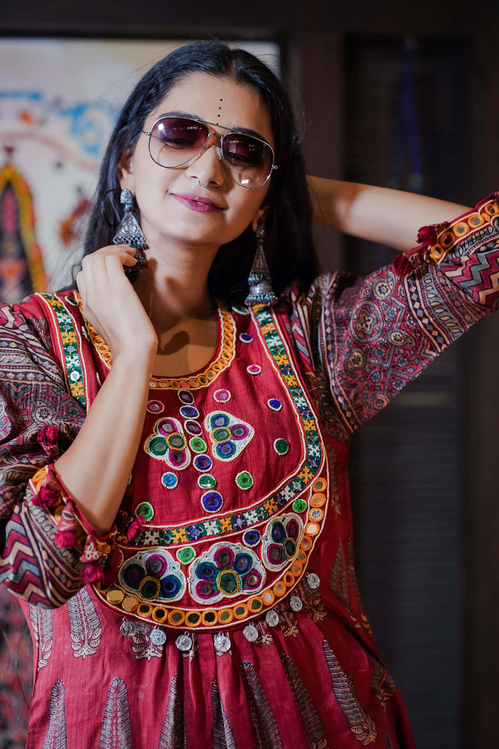Red Kurti Set with Intricate Embroidery and Mirror Work
