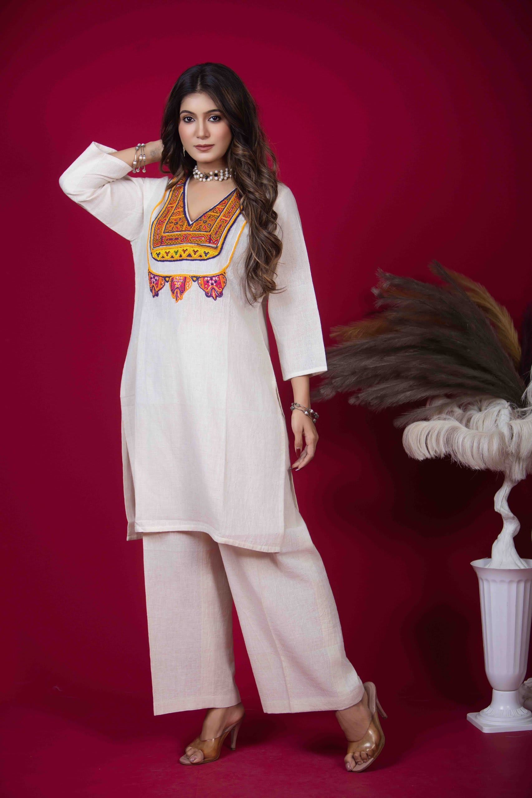 White Kurta Set with Vivid Kutchi Patchwork & Beadwork