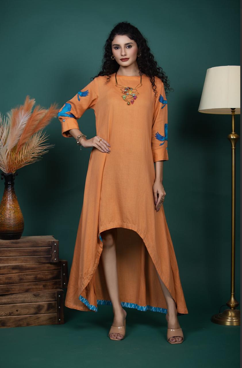 Orange High-Low Kurti with Embroidered Bird Motifs