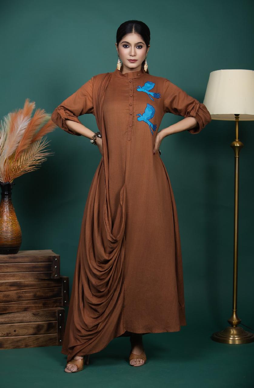 Cowl Dress with Blue Bird Embroidery in Brown Elegance