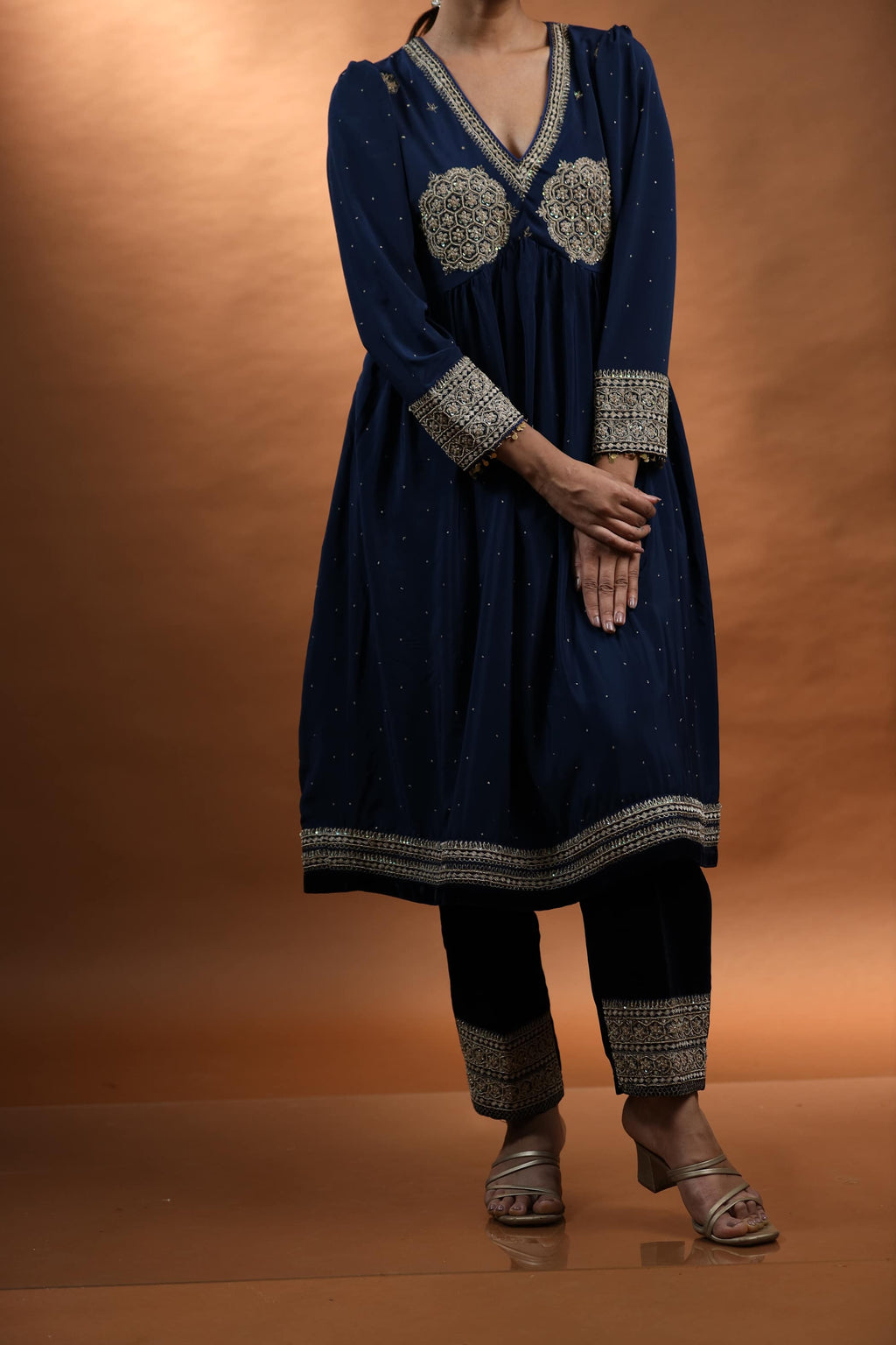 Navy Blue Kurti Set with Intricate Embroidery & A-Line Silhouette
