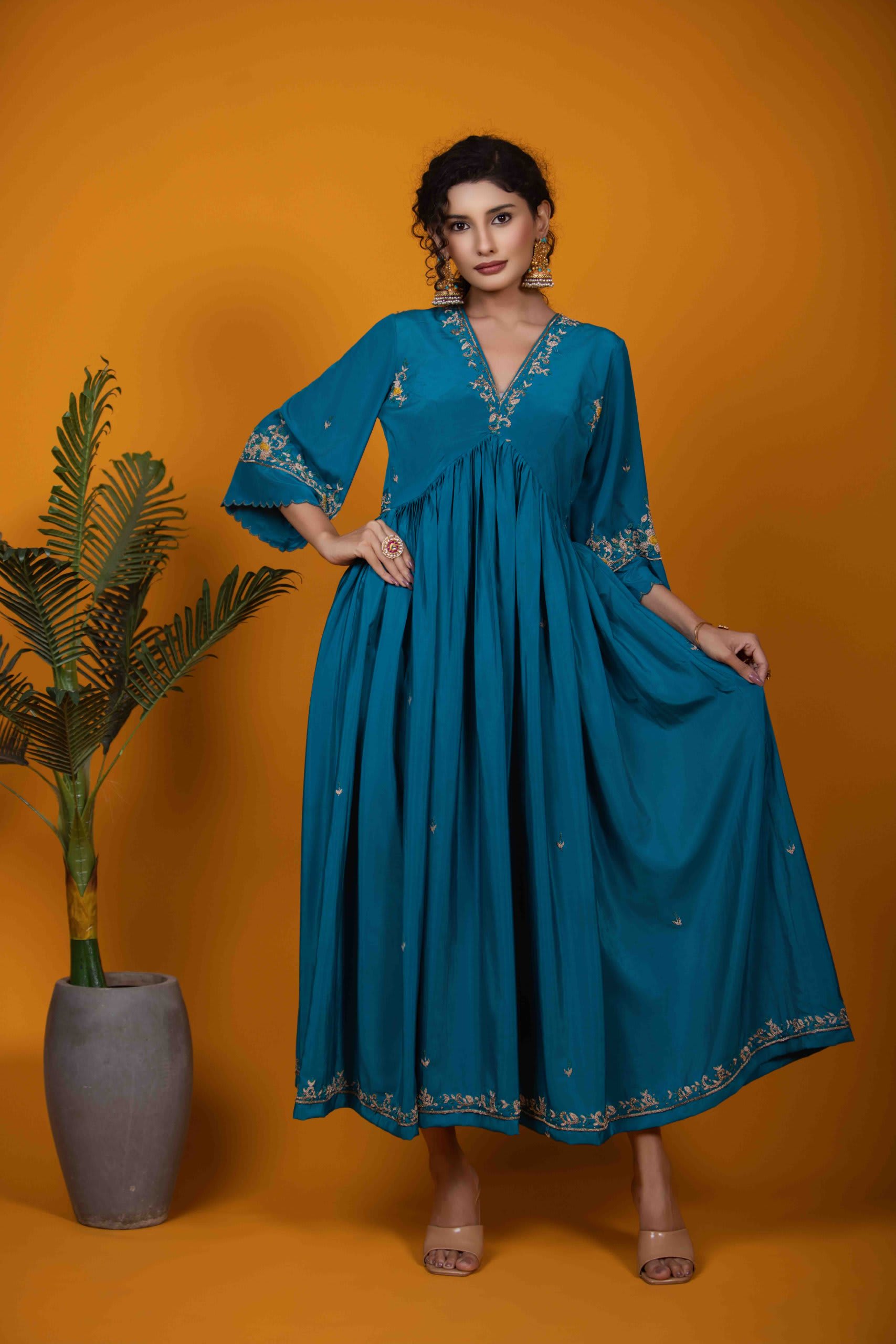 Rama Blue Kurti Set with Zardozi Embroidery & Bell Sleeves