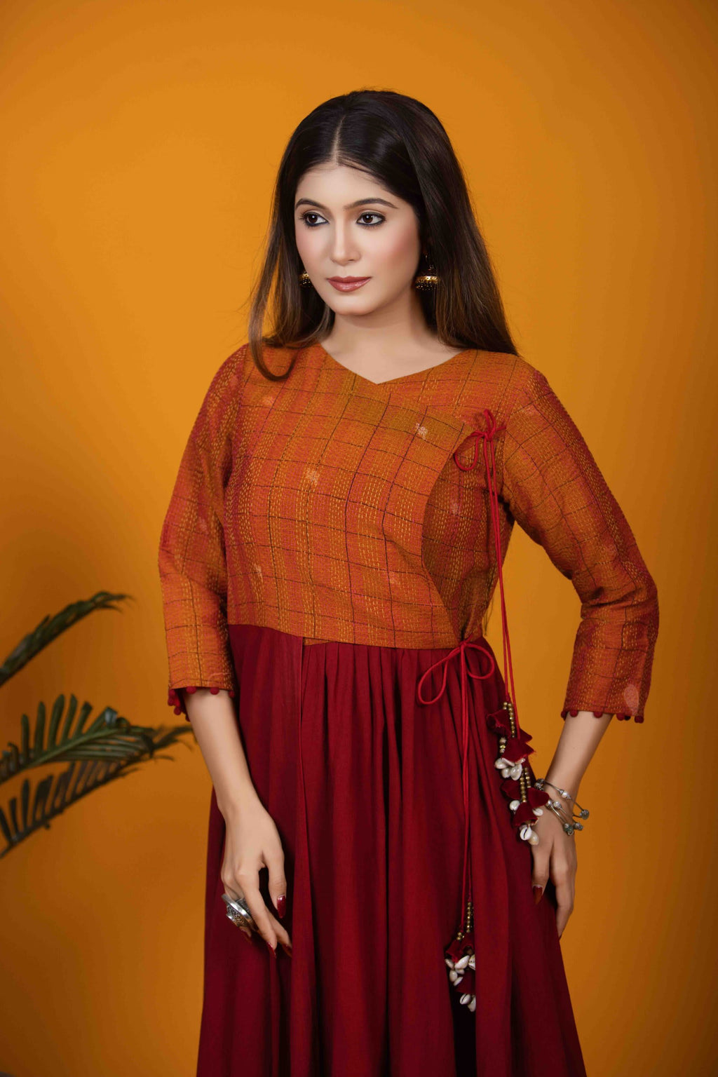 Maroon Angrakha Dress with Katha Embroidery and Cotton Fabric