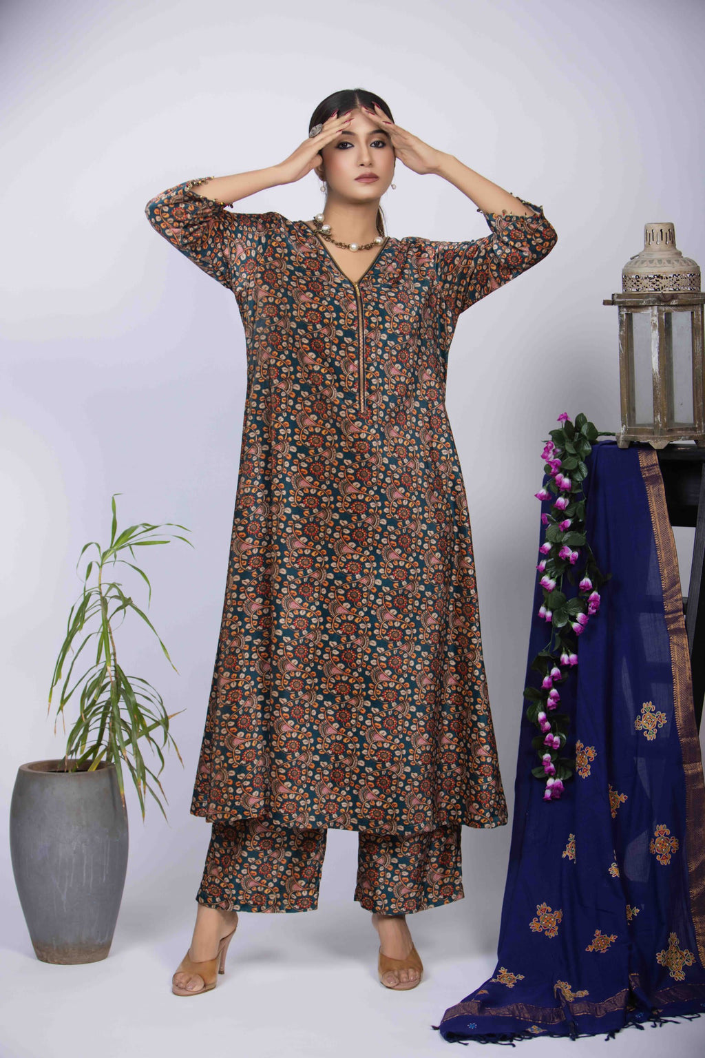Rama Blue Kurti Set with Intricate Floral and Paisley Print