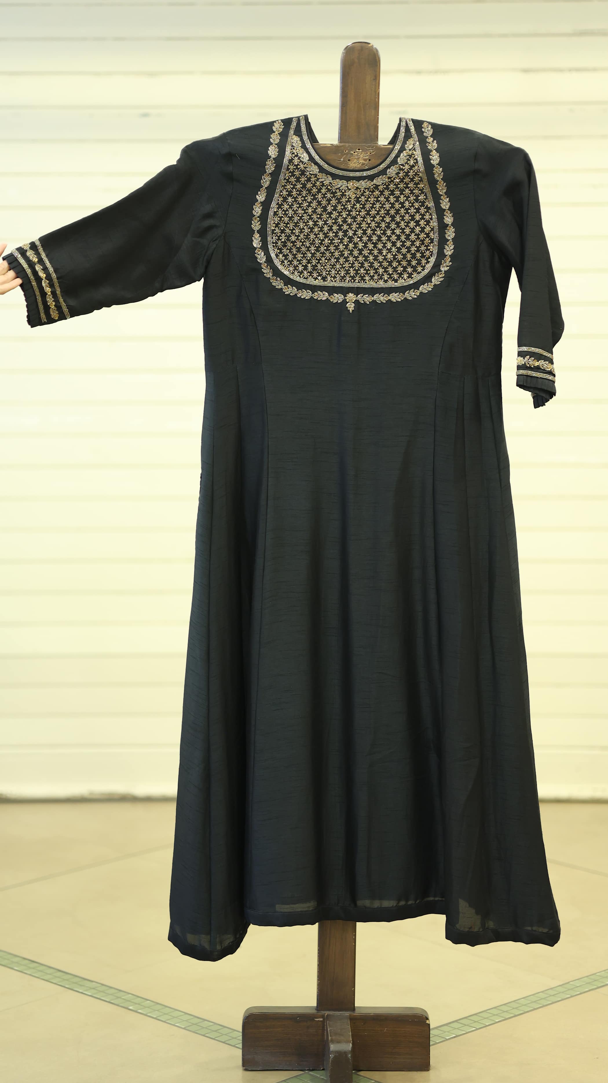 Black Kurti Set with Golden Embroidery and Floral Motif