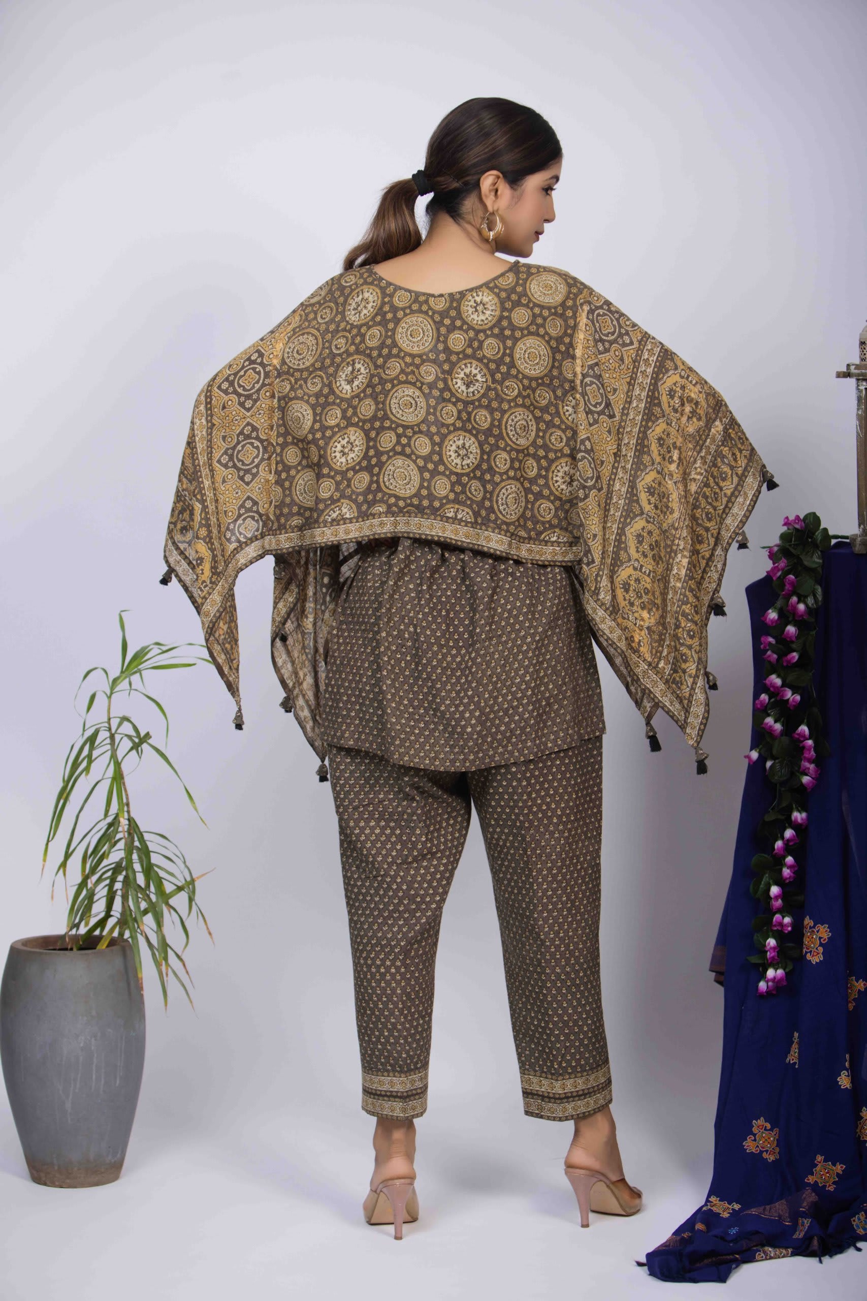 Dusty Yellow Ajrakh Co-Ord Set with Geometric Motifs and Peplum Top