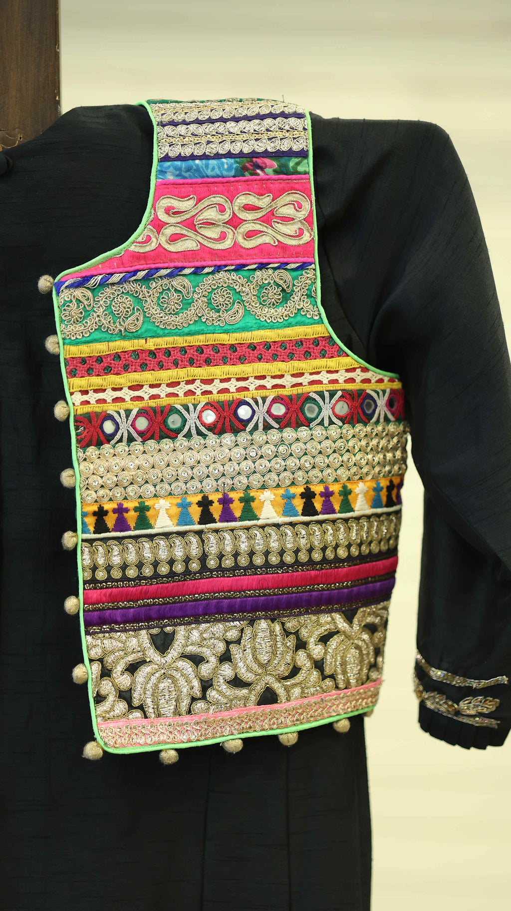 Black Kurti Set with Colorful Embroidery and Pompom Details