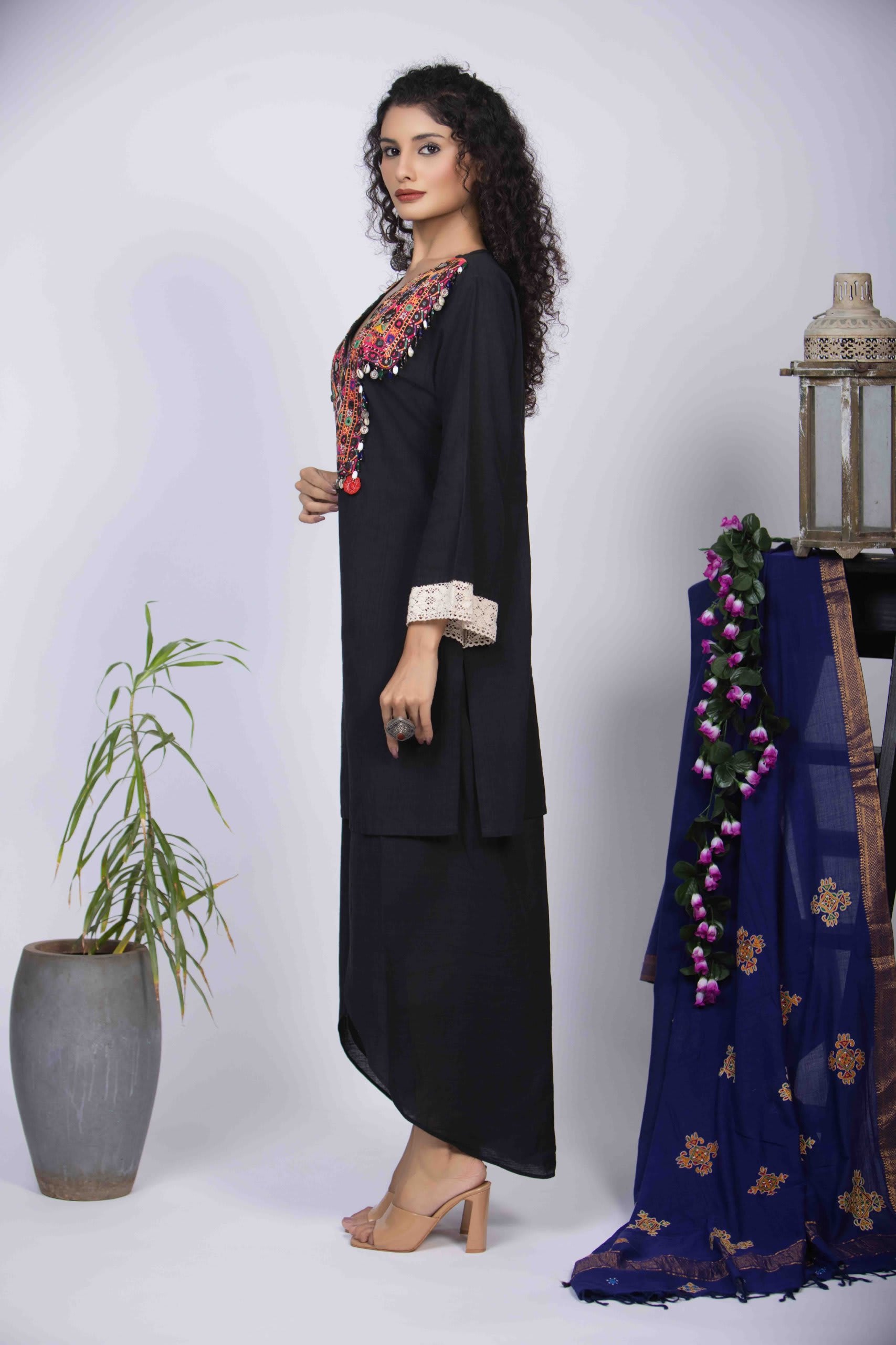 Black Short Kurta with Vibrant Kutchi Handwork and Drape Dhoti