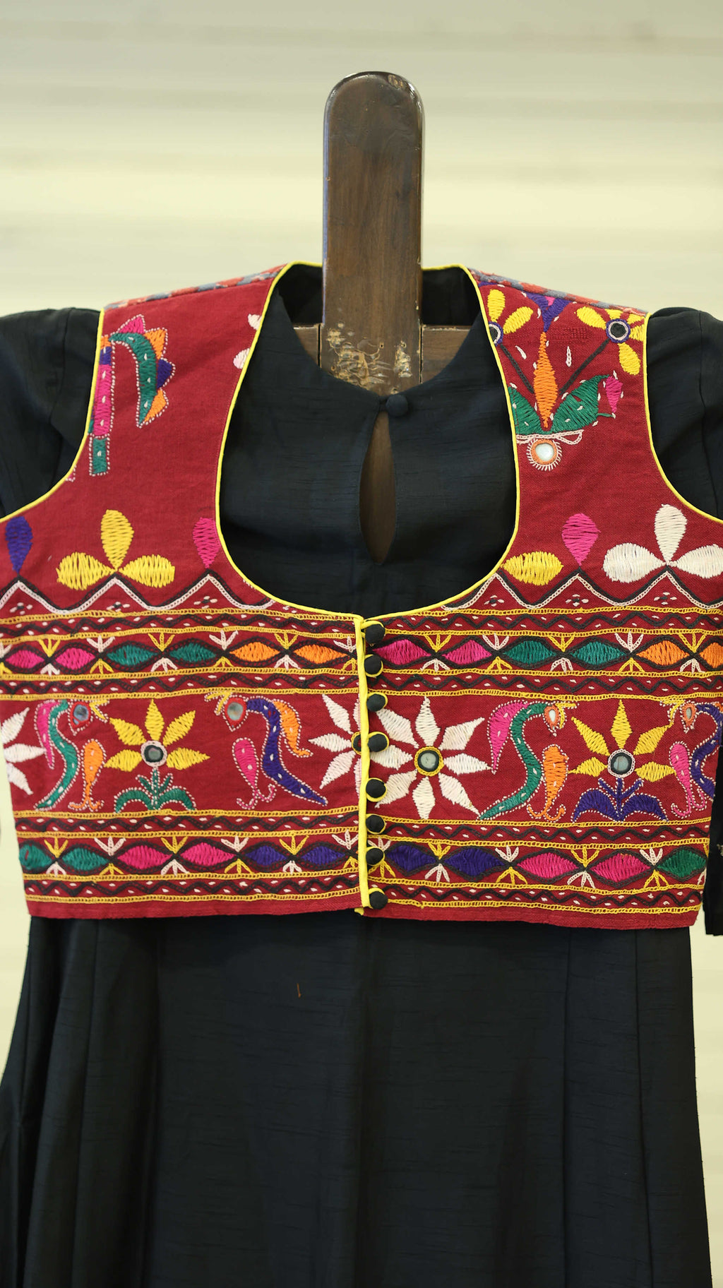 Black Kurti Set with Embroidered Red Vest and Floral Motifs