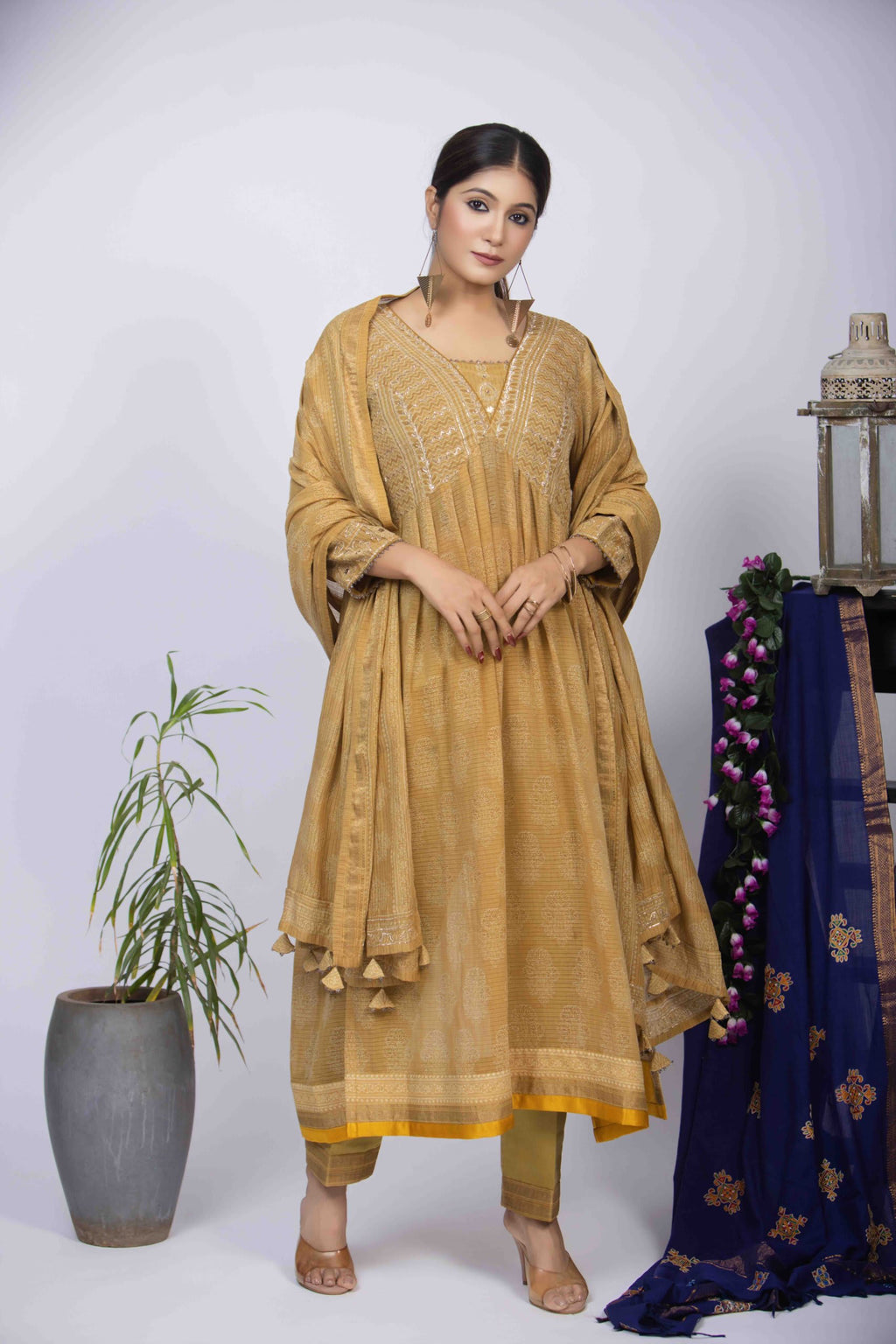 Yellow Ajrakh Block Print Kurta Set with Pita Work & Dupatta