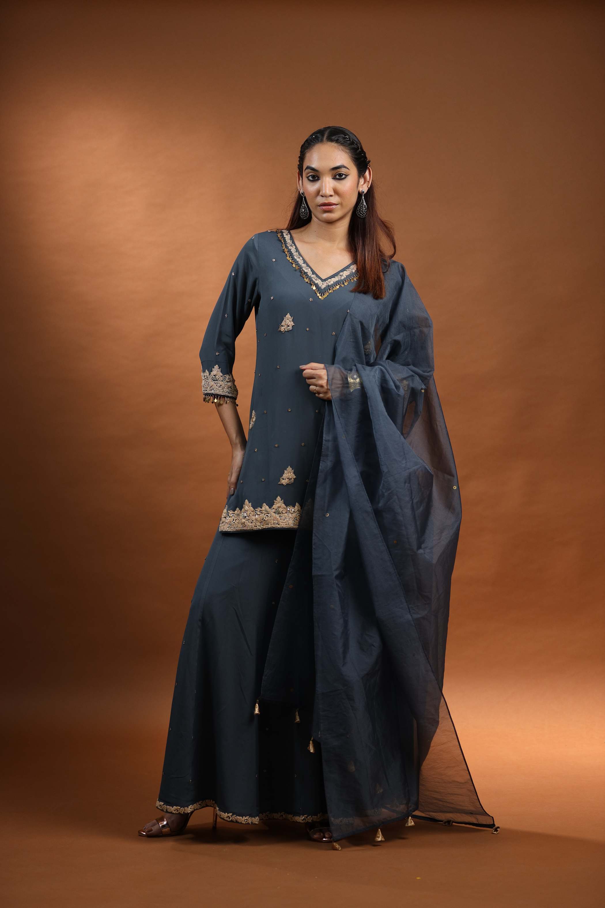 Gold Embroidered Kurti Set with Floral Motifs and Dupatta