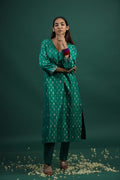 Emerald Green Kurti Set with Silver Leaf Motifs & Embroidered Cuffs