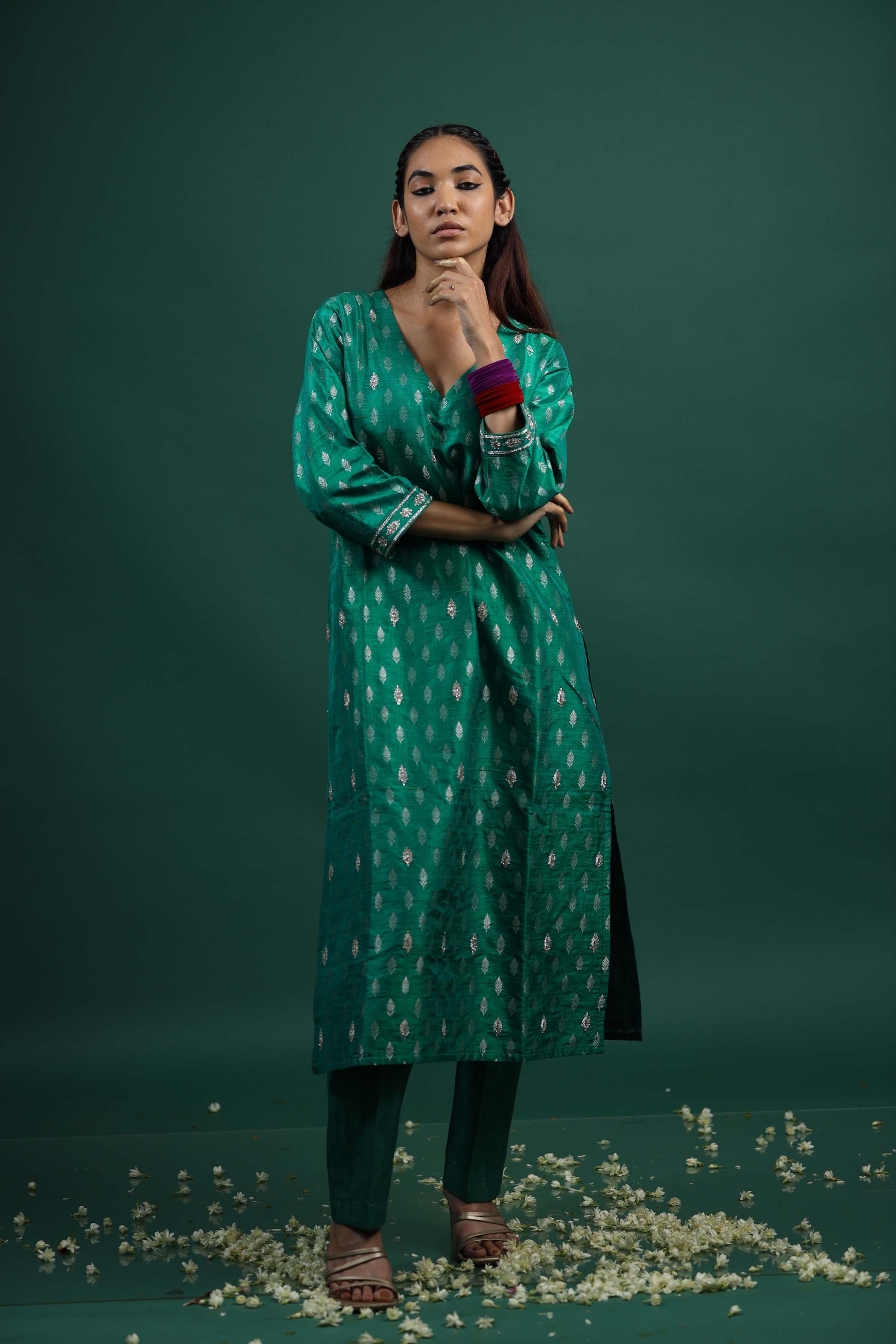 Emerald Green Kurti Set with Silver Leaf Motifs & Embroidered Cuffs