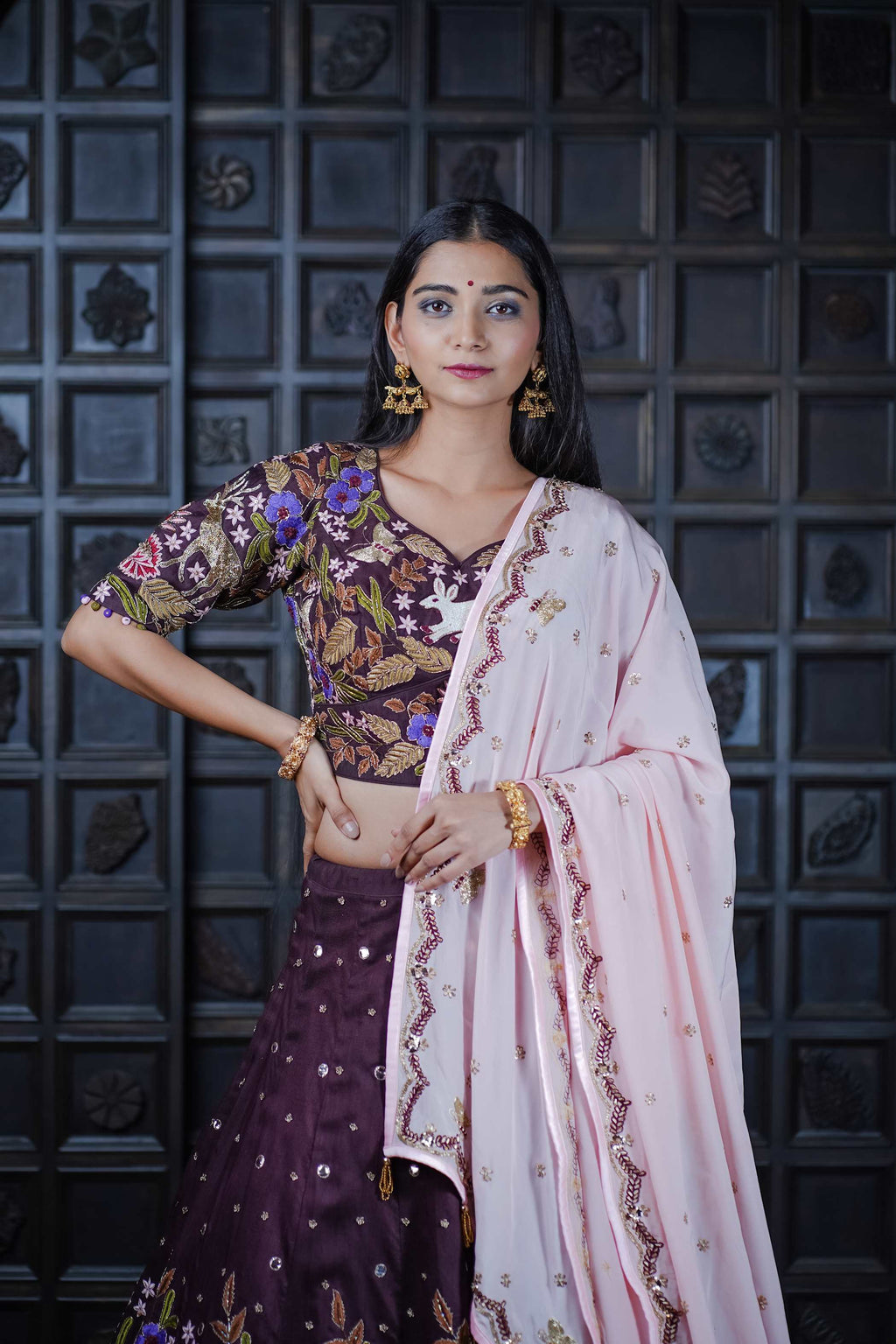 Deep Maroon Lehenga with Floral & Rabbit Motifs – Traditional Elegance