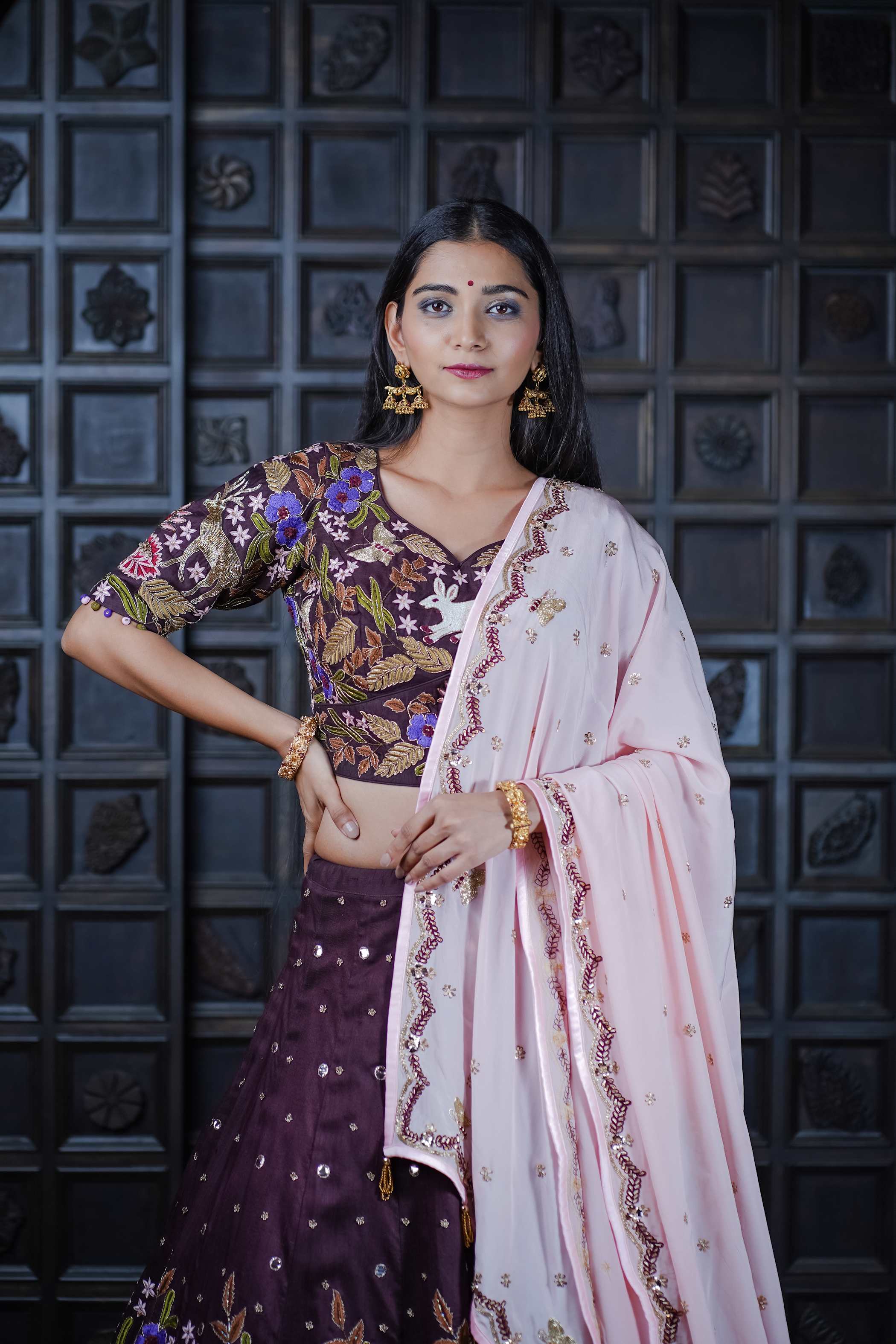 Deep Maroon Lehenga with Floral & Rabbit Motifs – Traditional Elegance