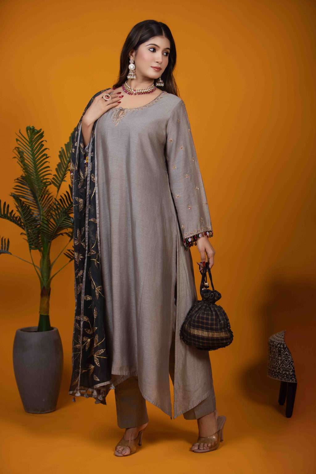 Grey Kurta Set with Hand Embroidery and Silk Pants