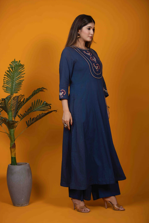 Navy Blue Kurta Set with Hand Embroidery & Bird Motifs