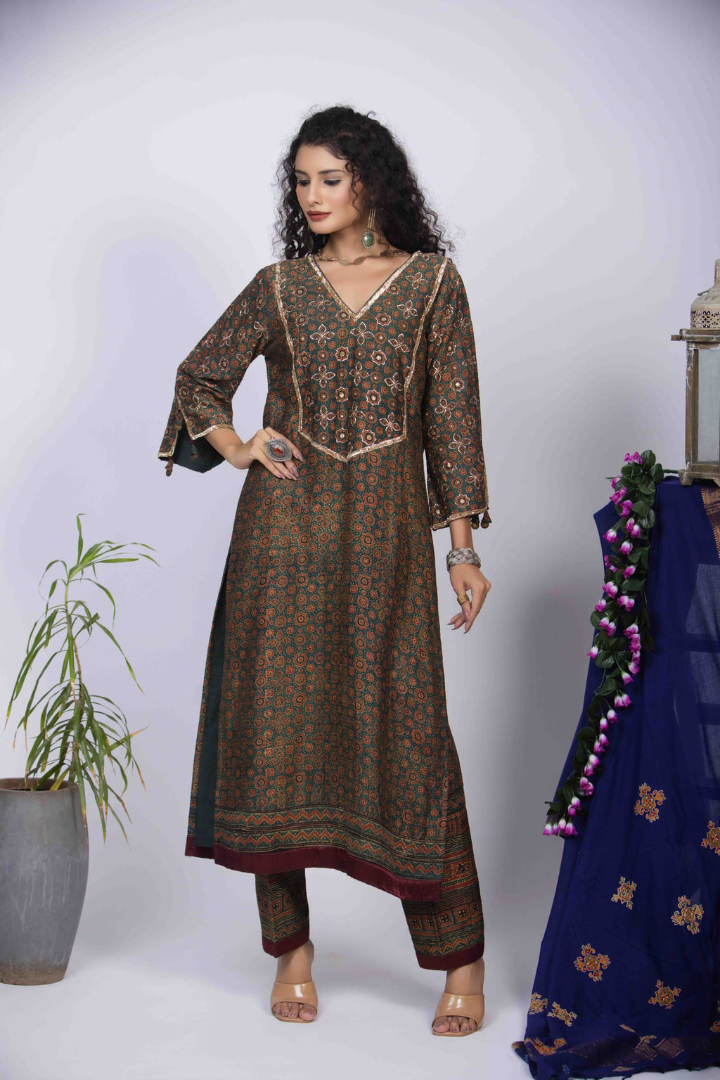Green Ajrakh Kurta with Intricate Pita Work & Bell Sleeves