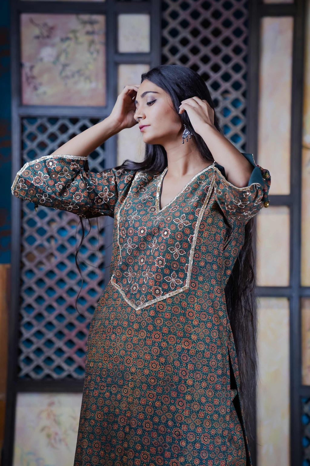Ajrak Kurti Set with Intricate Print and V-Neckline Elegance