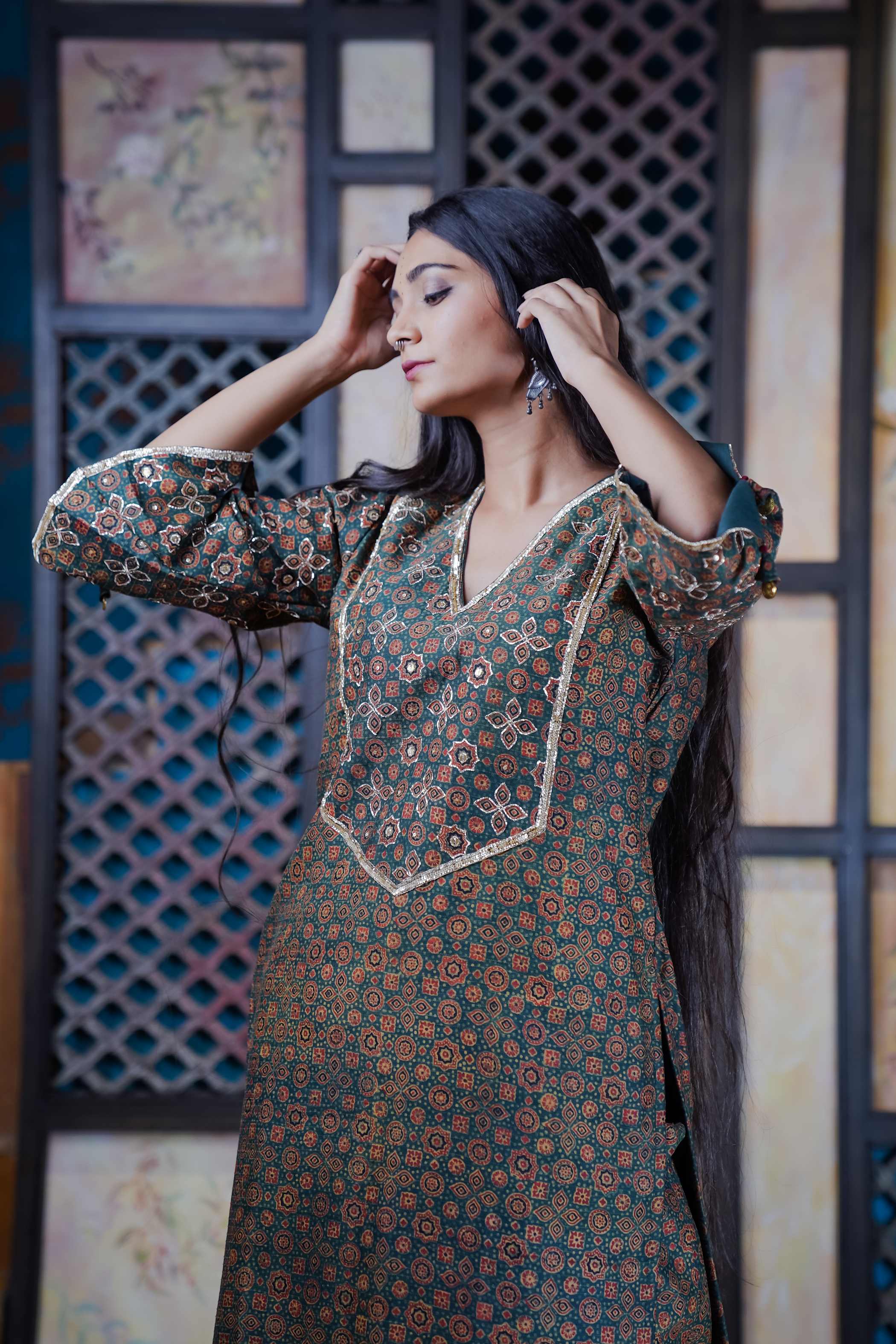 Ajrak Kurti Set with Intricate Print and V-Neckline Elegance