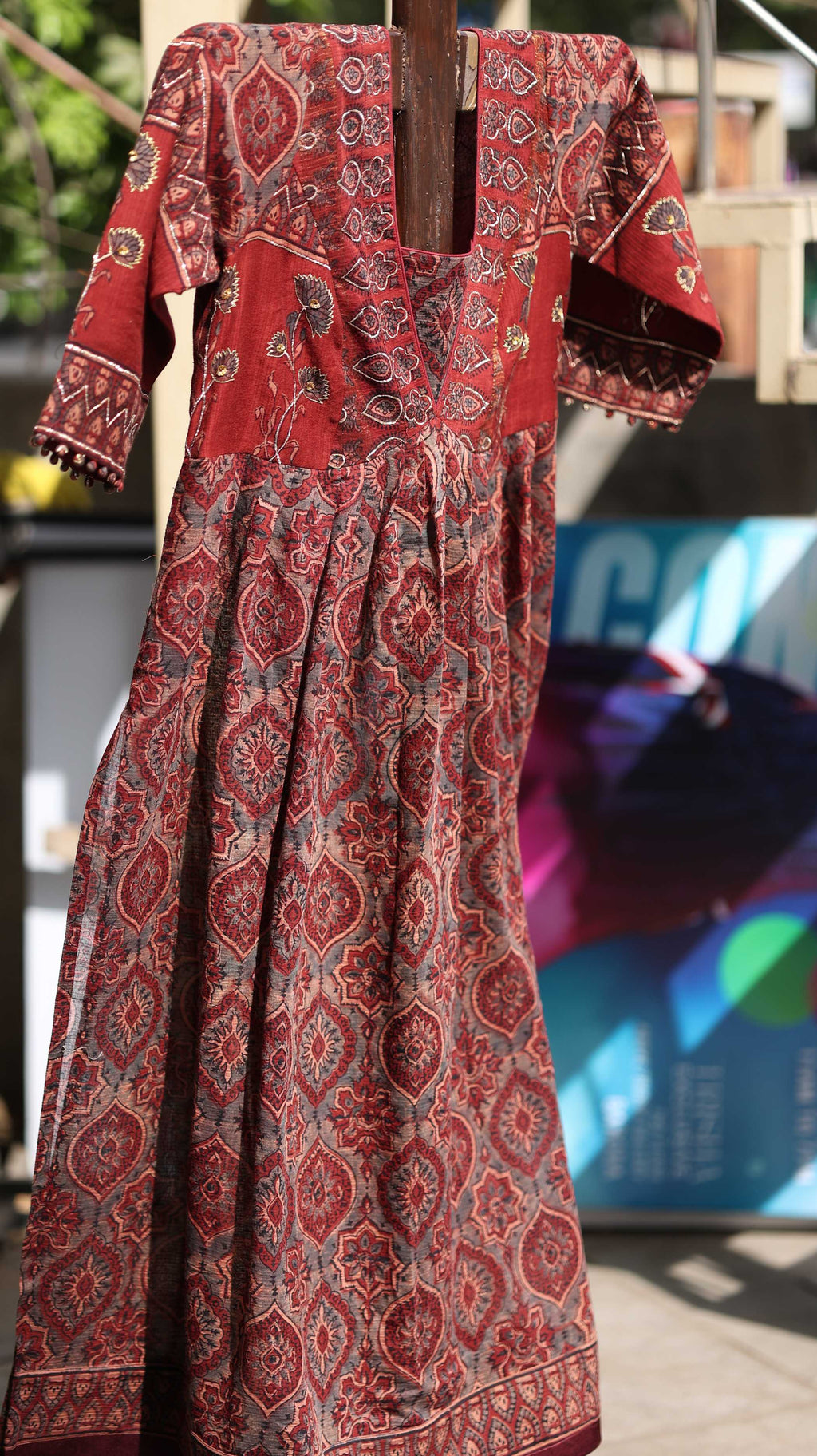 Rust Parampara Kurti Set with Mirror Work & Flowing Skirt