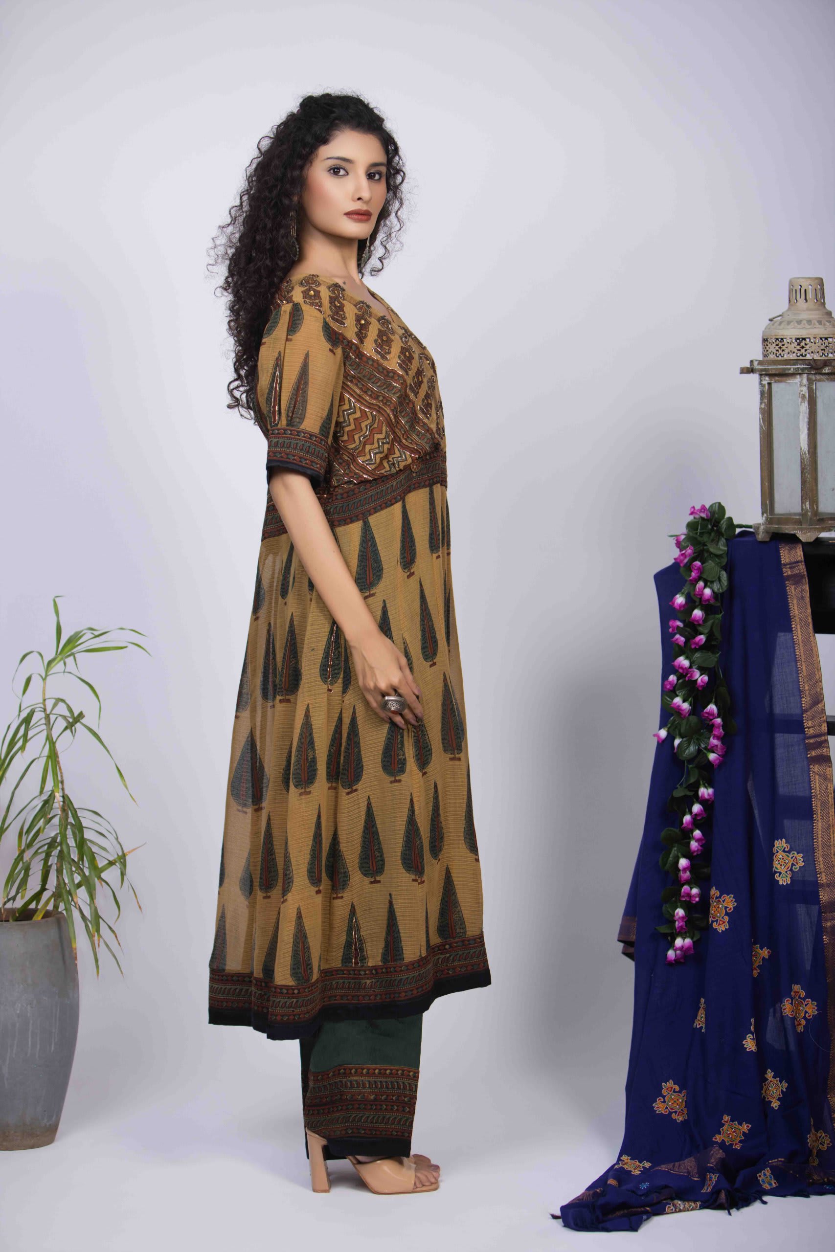 Mustard Yellow Angrakha Kurta Set with Ajrakh Print & Intricate Pita Work