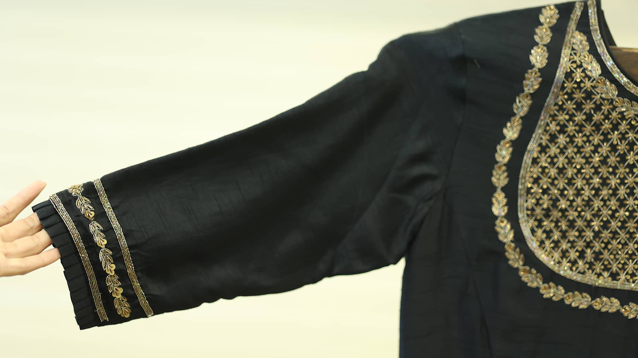 Black Kurti Set with Golden Embroidery and Floral Motif