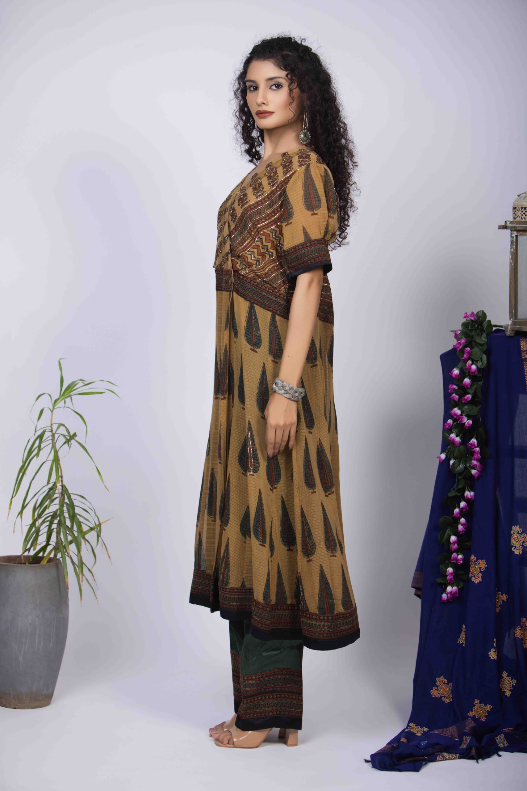 Mustard Yellow Angrakha Kurta Set with Ajrakh Print & Intricate Pita Work