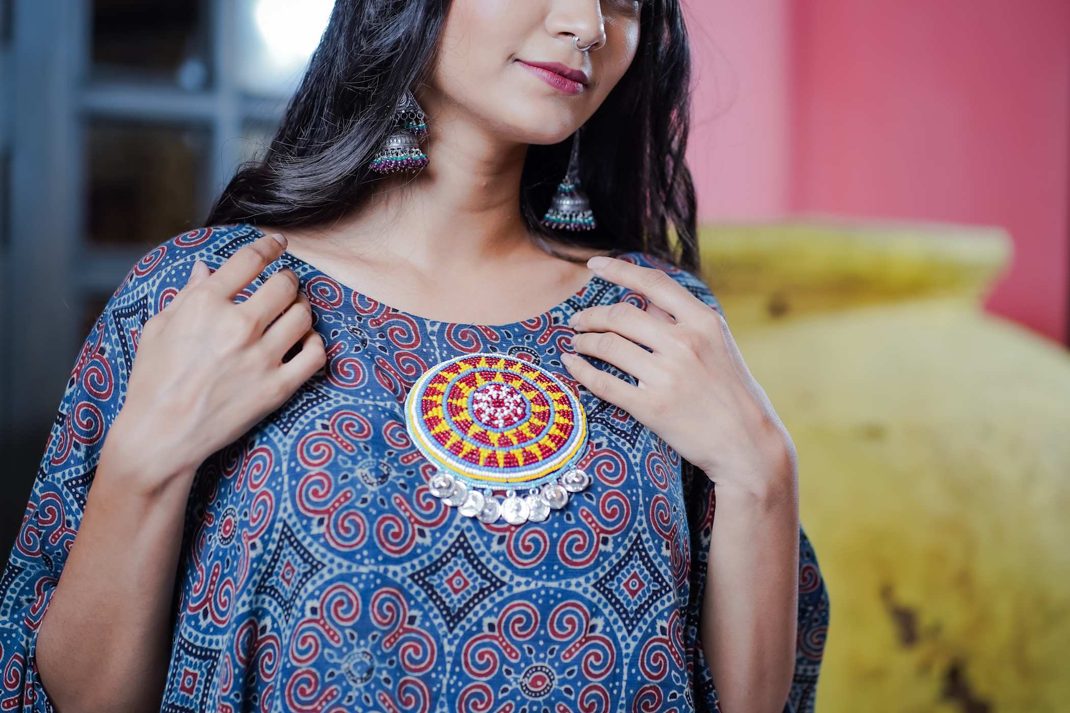 Indigo Ajrak Kurti Set with Intricate Patterns and Beaded Neckline